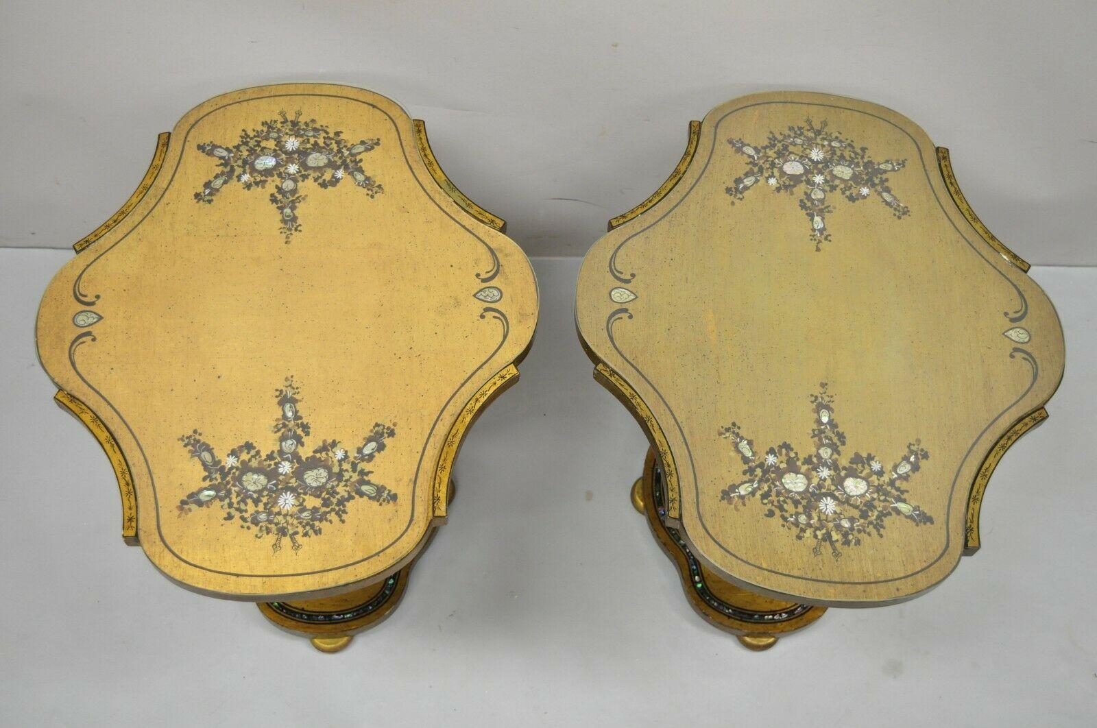 Mediterranean Gold Leaf Low Pedestal Side Tables Mother of Pearl Inlay, a Pair In Good Condition In Philadelphia, PA