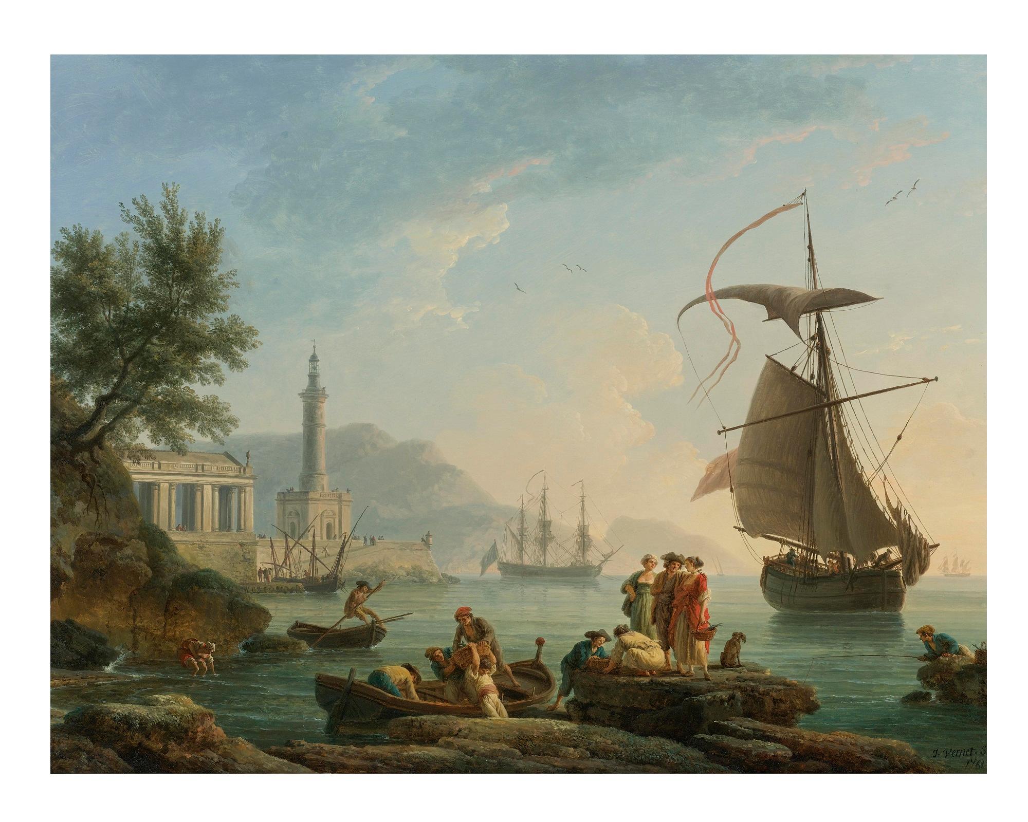 French Mediterranean Harbor at Sunset, After Oil Painting by Neoclassical Artist For Sale