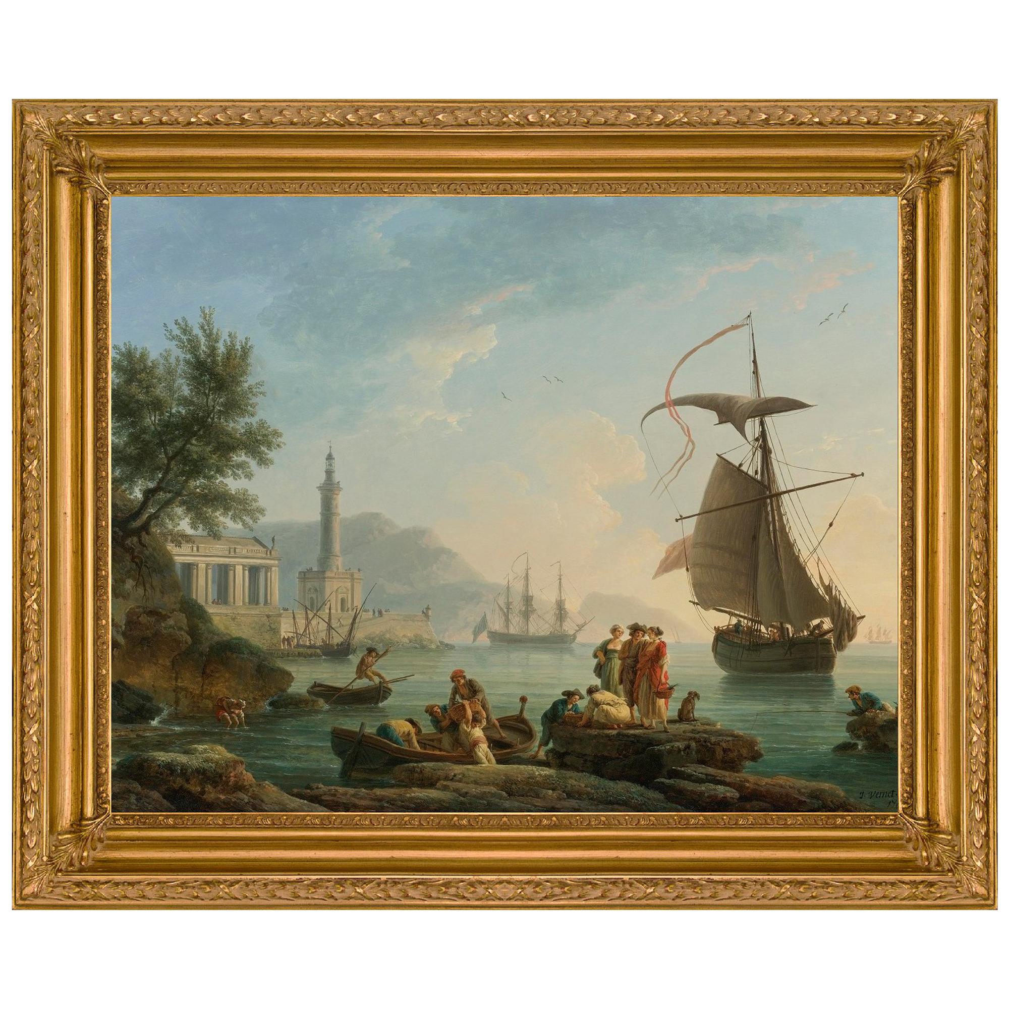 Mediterranean Harbor at Sunset, After Oil Painting by Neoclassical Artist For Sale