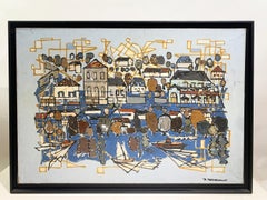 Mediterranean Harbor Scene, Impressionist Painting by R.Bethencourt, circa 1970