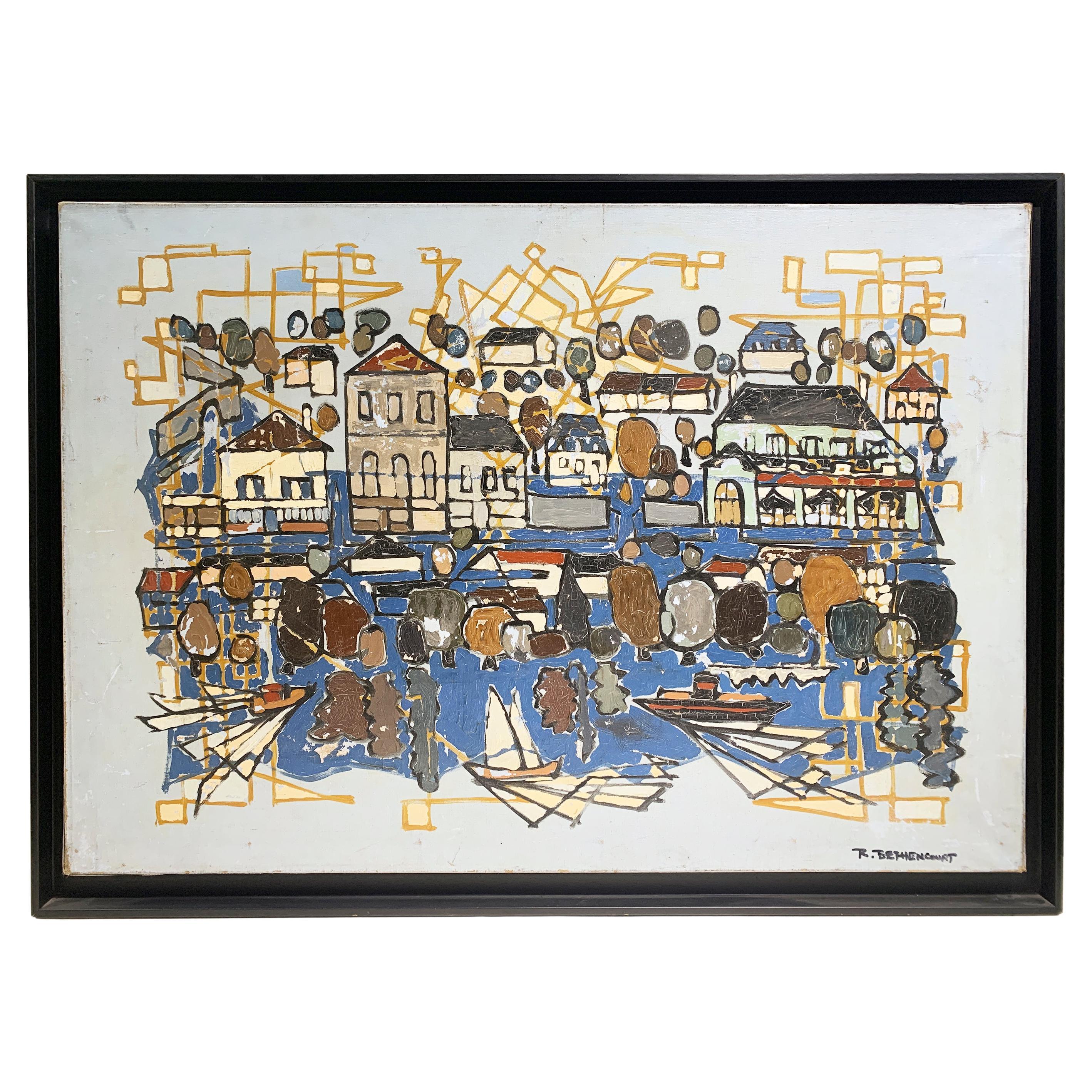 Scène portuaire méditerranéenne, peinture impressionniste de R.Bethencourt, vers 1970 en vente