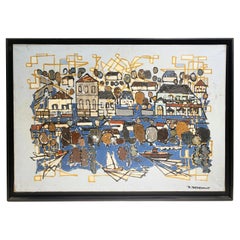 Scène portuaire méditerranéenne, peinture impressionniste de R.Bethencourt, vers 1970