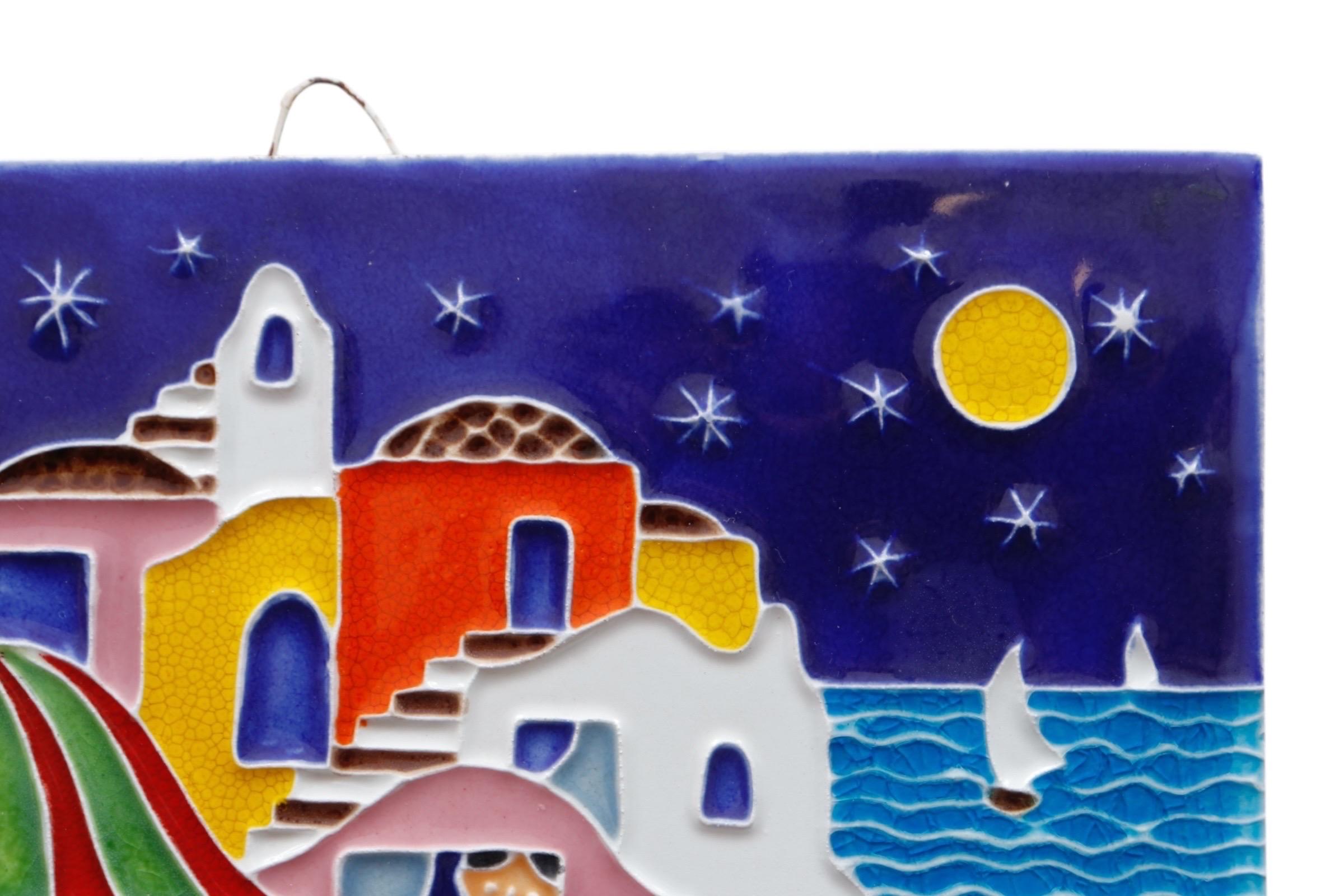 Mediterranean Houses Italian Hand Painted Tile Art by Creazioni Luciano In Good Condition For Sale In Bradenton, FL