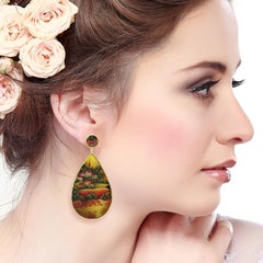 Mediterranean-Inspired Hand-Painted Landscape Bakelite 18k Gold Dangle Earrings