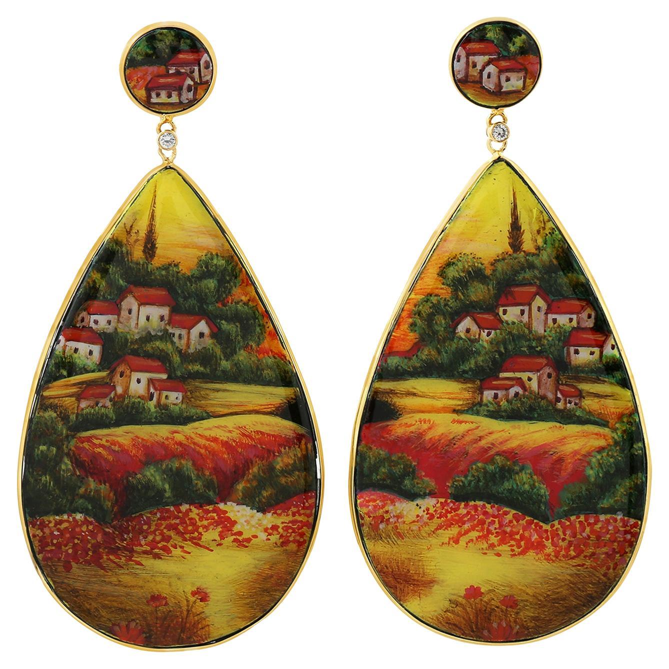 Mediterranean-Inspired Hand-Painted Landscape Bakelite 18k Gold Dangle Earrings For Sale