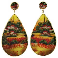 Mediterranean-Inspired Hand-Painted Landscape Bakelite 18k Gold Dangle Earrings