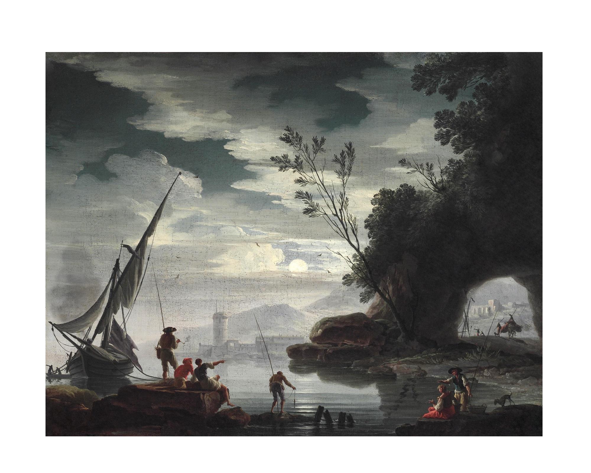 French Mediterranean Landscape, After Baroque Oil Painting by Charles De Lacroix For Sale