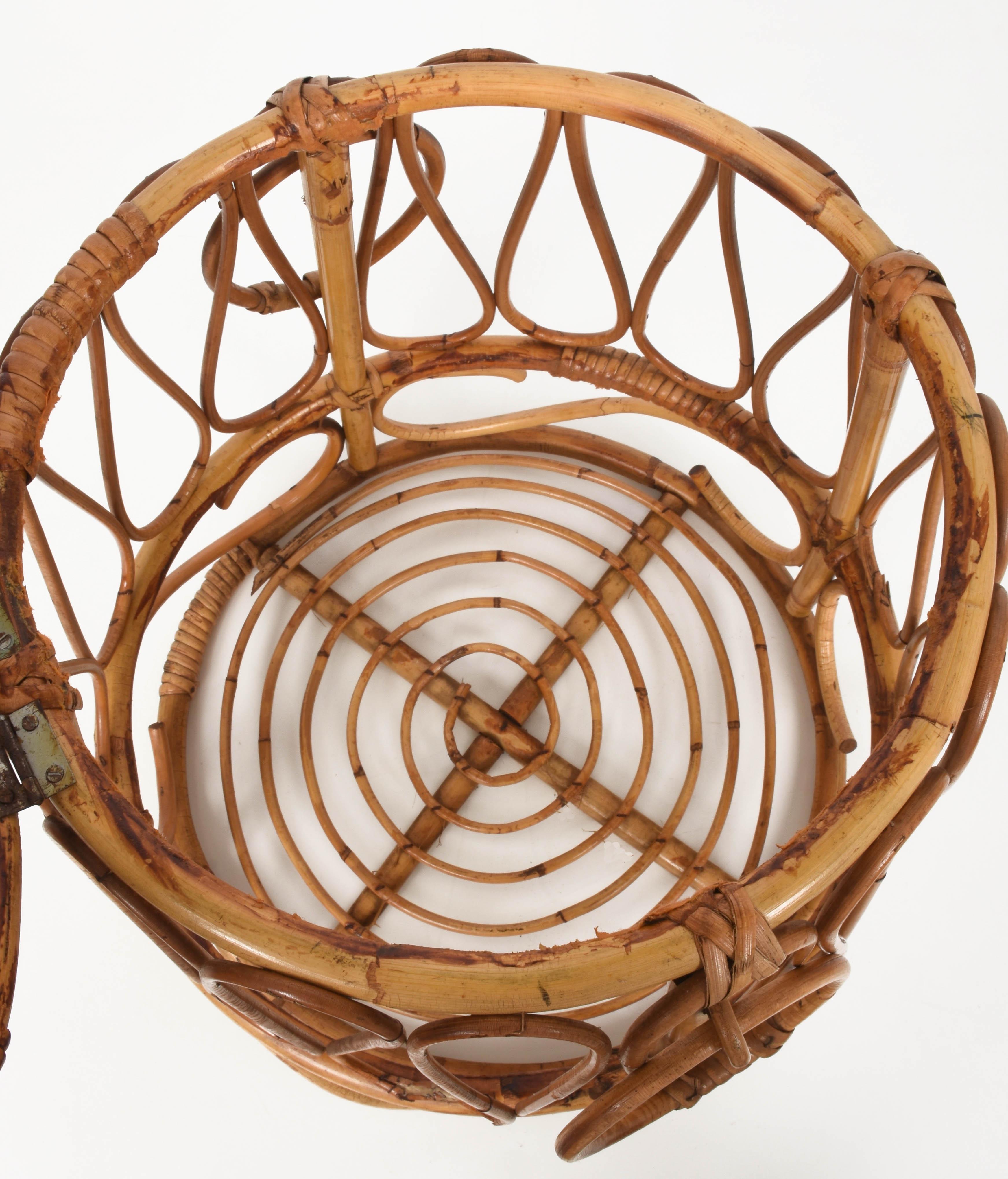 Mediterranean Midcentury Bamboo and Rattan Round Decorative Basket, Italy, 1950s 4