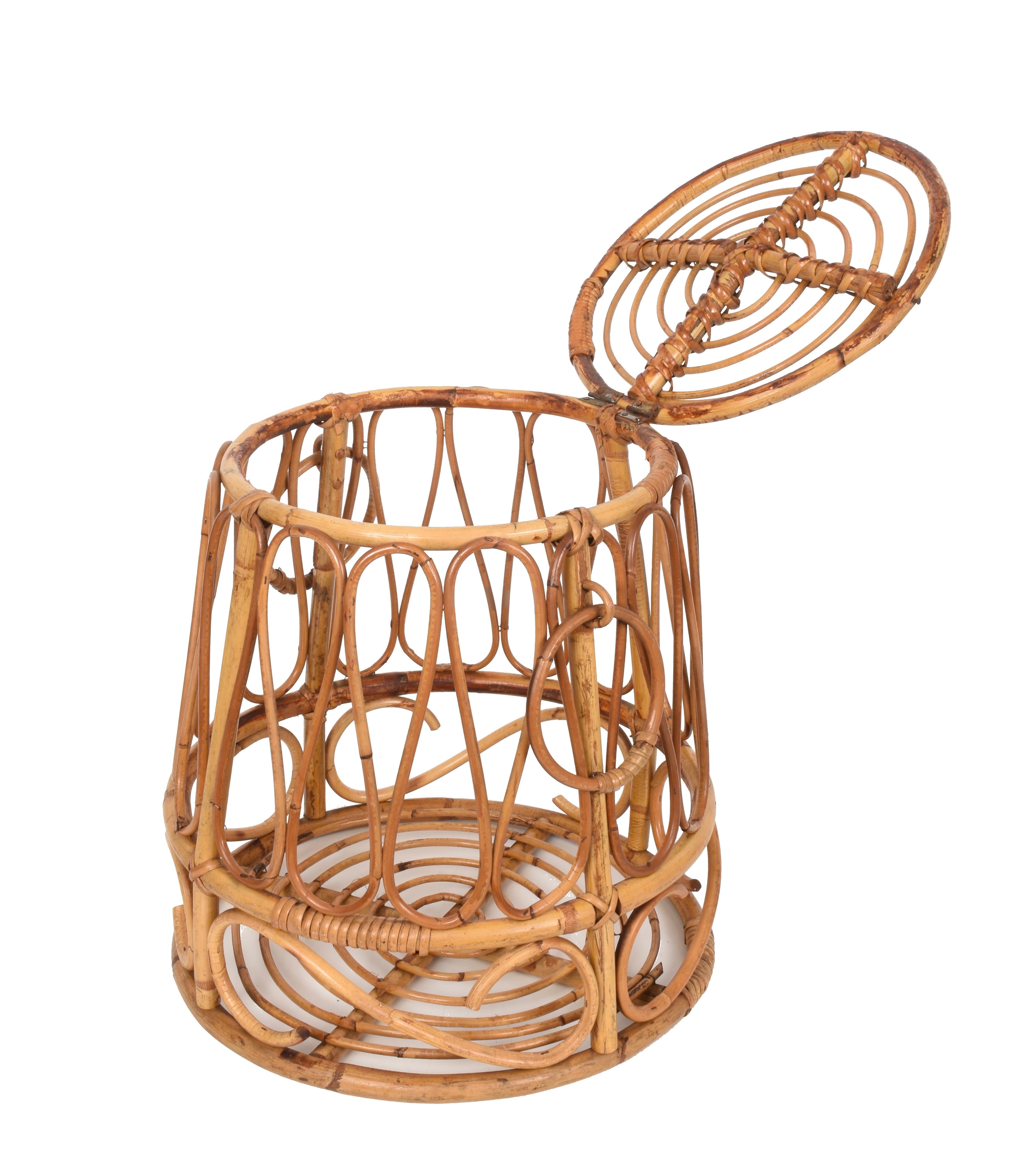 Italian Mediterranean Midcentury Bamboo and Rattan Round Decorative Basket, Italy, 1950s
