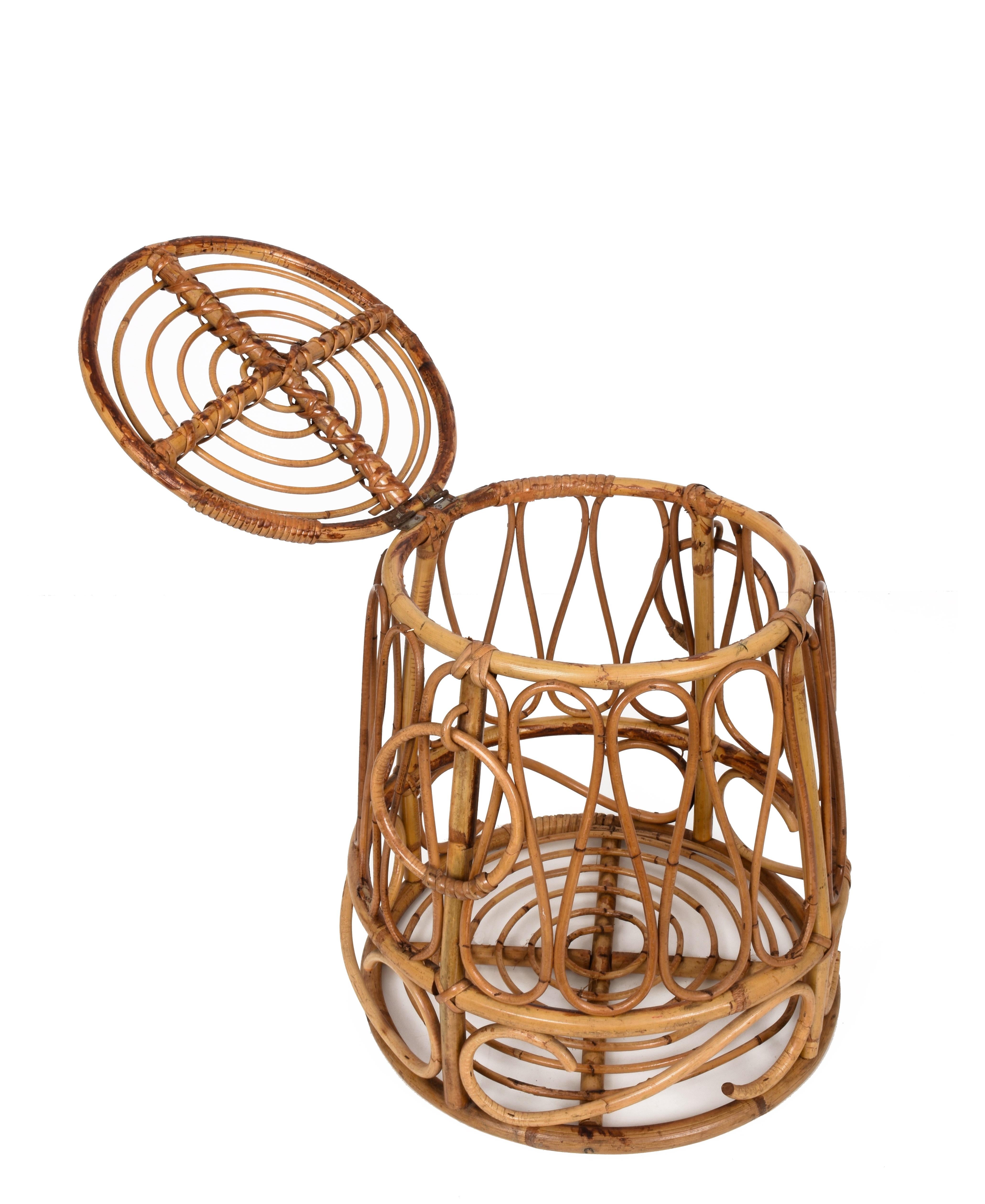 Mediterranean Midcentury Bamboo and Rattan Round Decorative Basket, Italy, 1950s 1