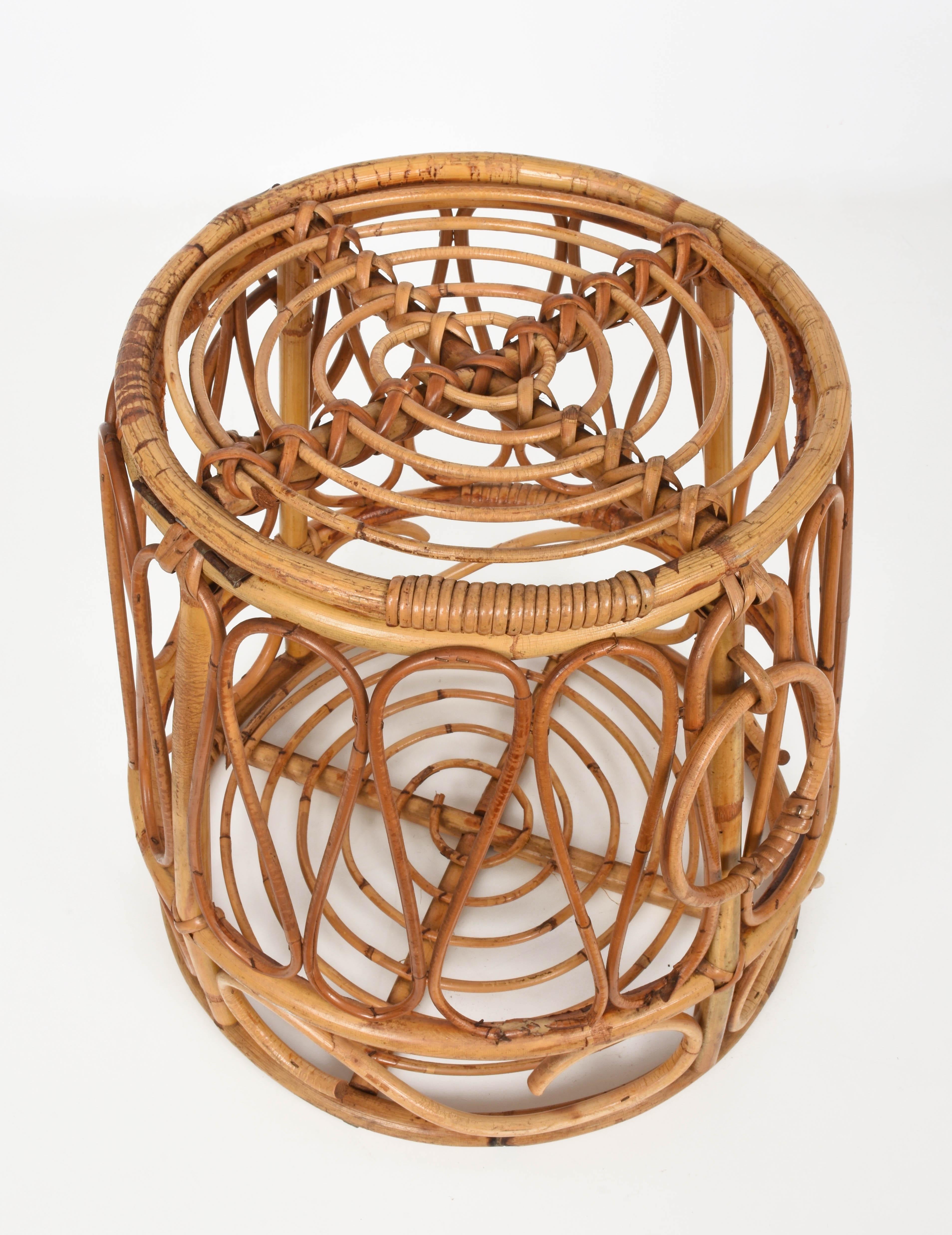 Mediterranean Midcentury Bamboo and Rattan Round Decorative Basket, Italy, 1950s 2