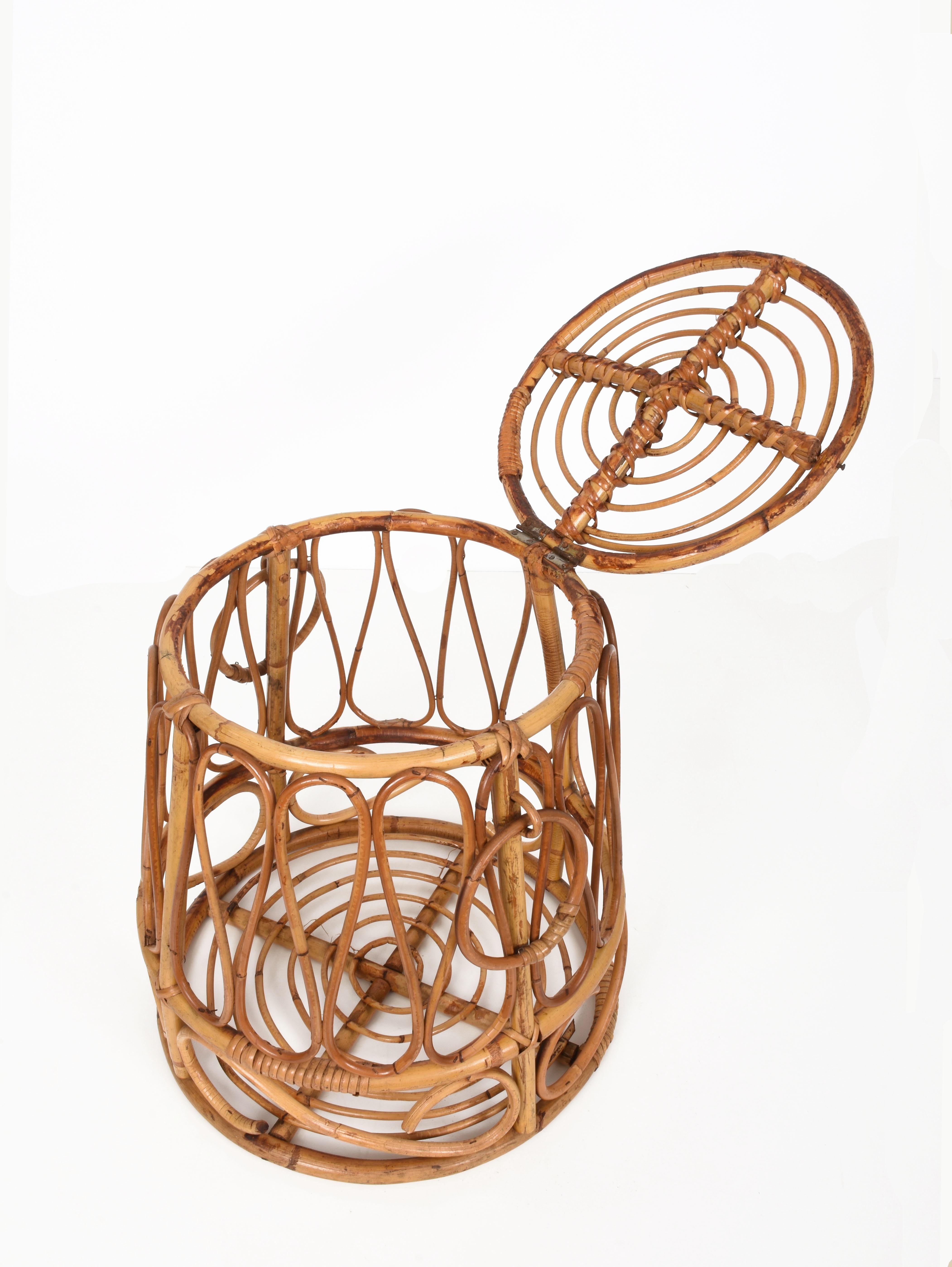 Mediterranean Midcentury Bamboo and Rattan Round Decorative Basket, Italy, 1950s 3