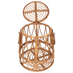Mediterranean Midcentury Bamboo and Rattan Round Decorative Basket, Italy, 1950s