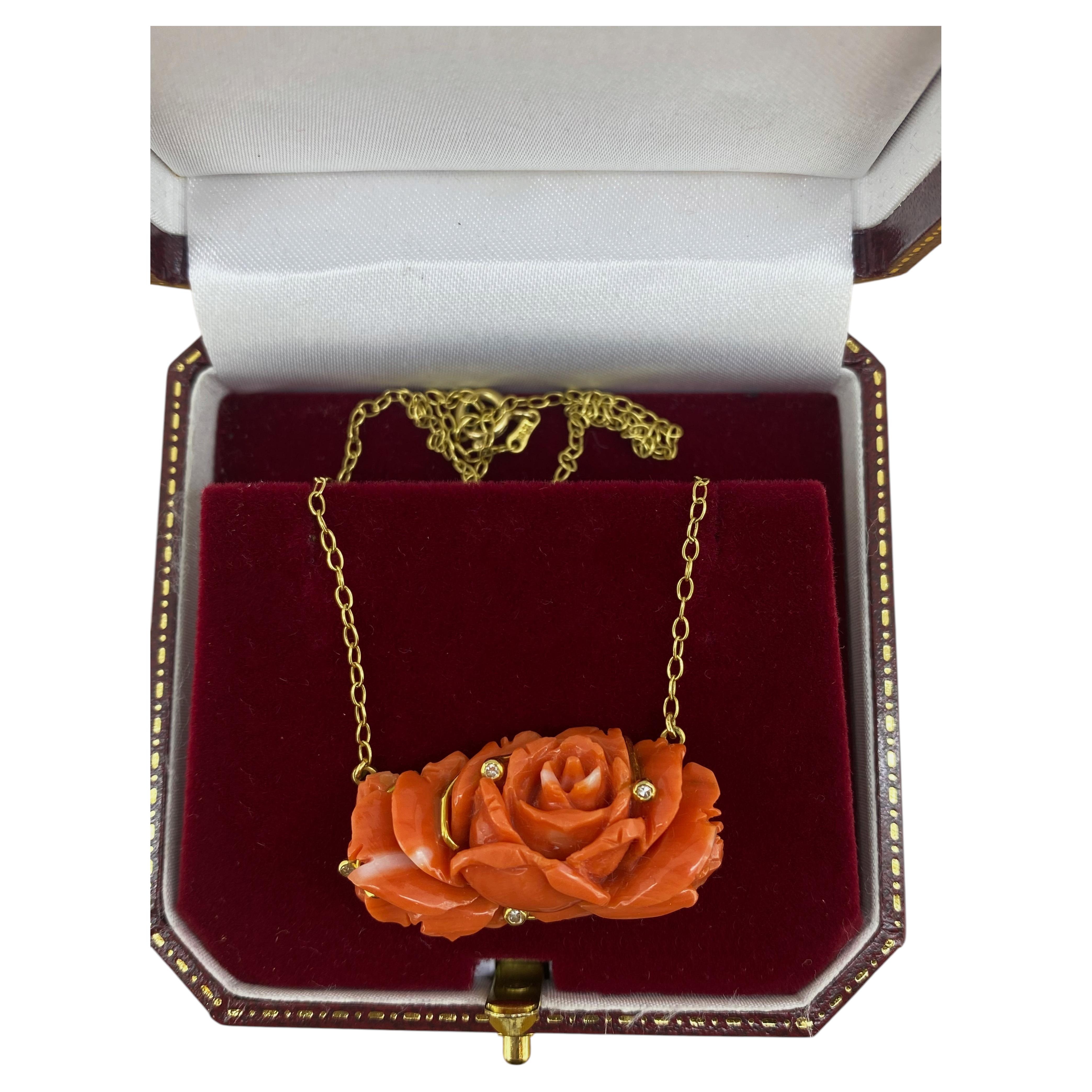 Mediterranean Natural Red Rose-Shaped Carved Coral, Diamond, 18K Gold Necklace For Sale