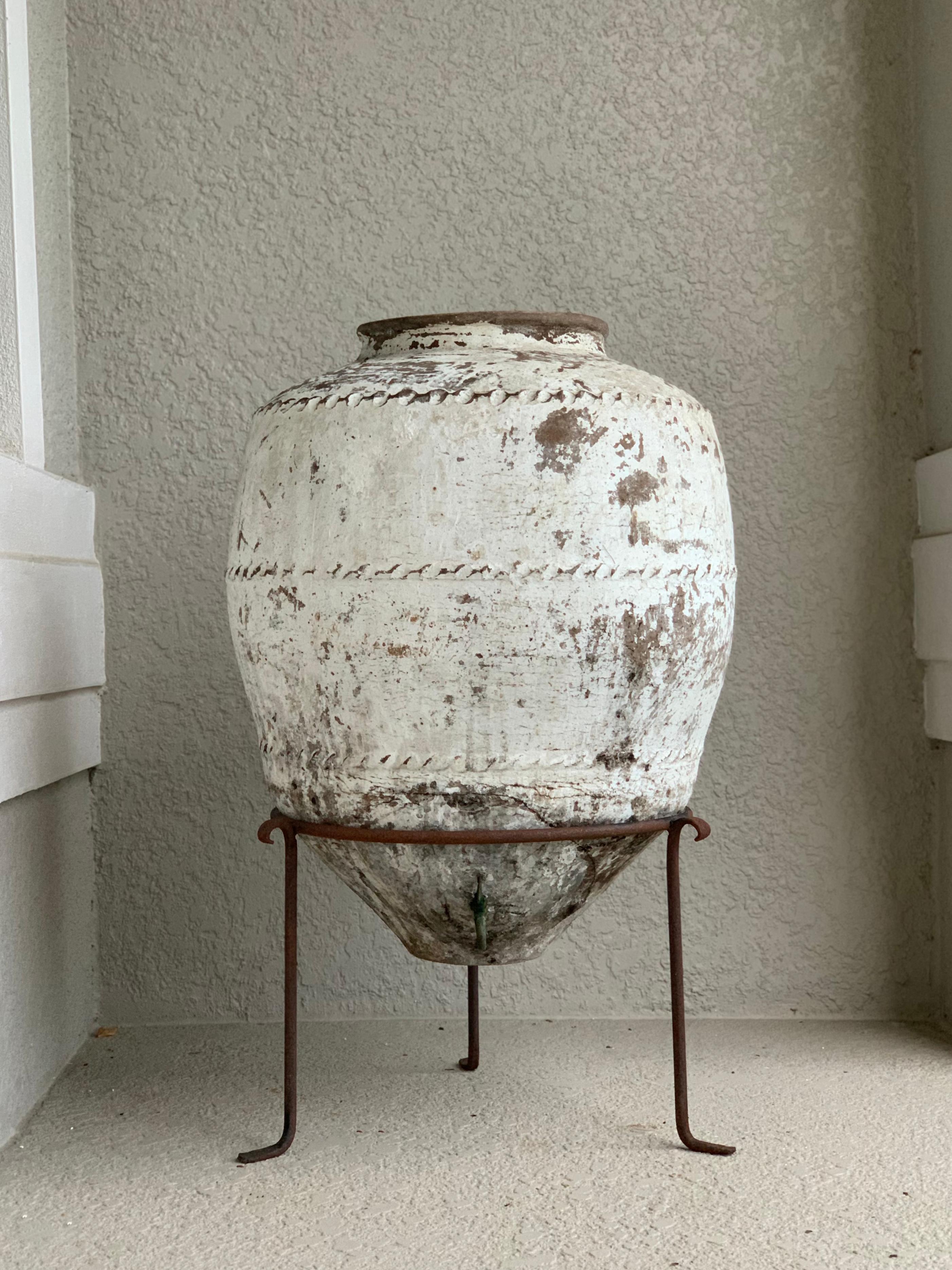 Spanish Colonial Rare 19th c. Antique Terracotta Water Urn with Iron Spout, Whitewashed Patina For Sale
