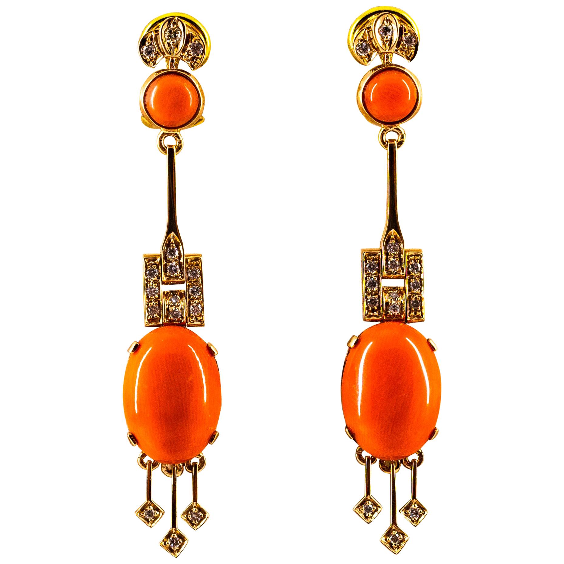 These Earrings are made of 14K Yellow Gold.
These Earrings have 0.30 Carats of White Diamonds.
These Earrings have 10.00 Carats of Mediterranean (Sardinia, Italy) Peach Coral.
All our Earrings have pins for pierced ears but we can change the closure