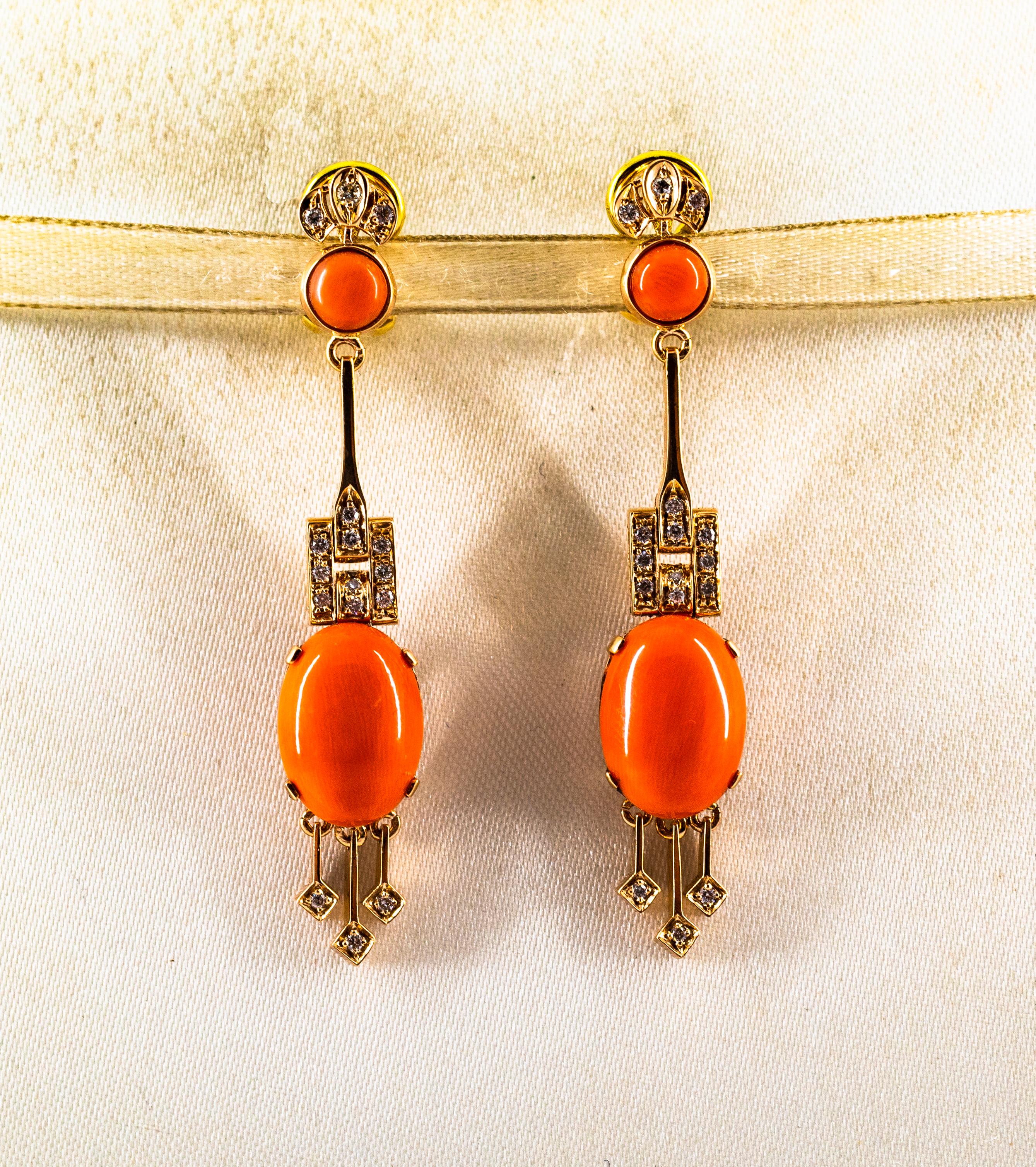 Art Deco Mediterranean Peach Coral 0.30 Carat White Diamond Yellow Gold Clip-On Earrings