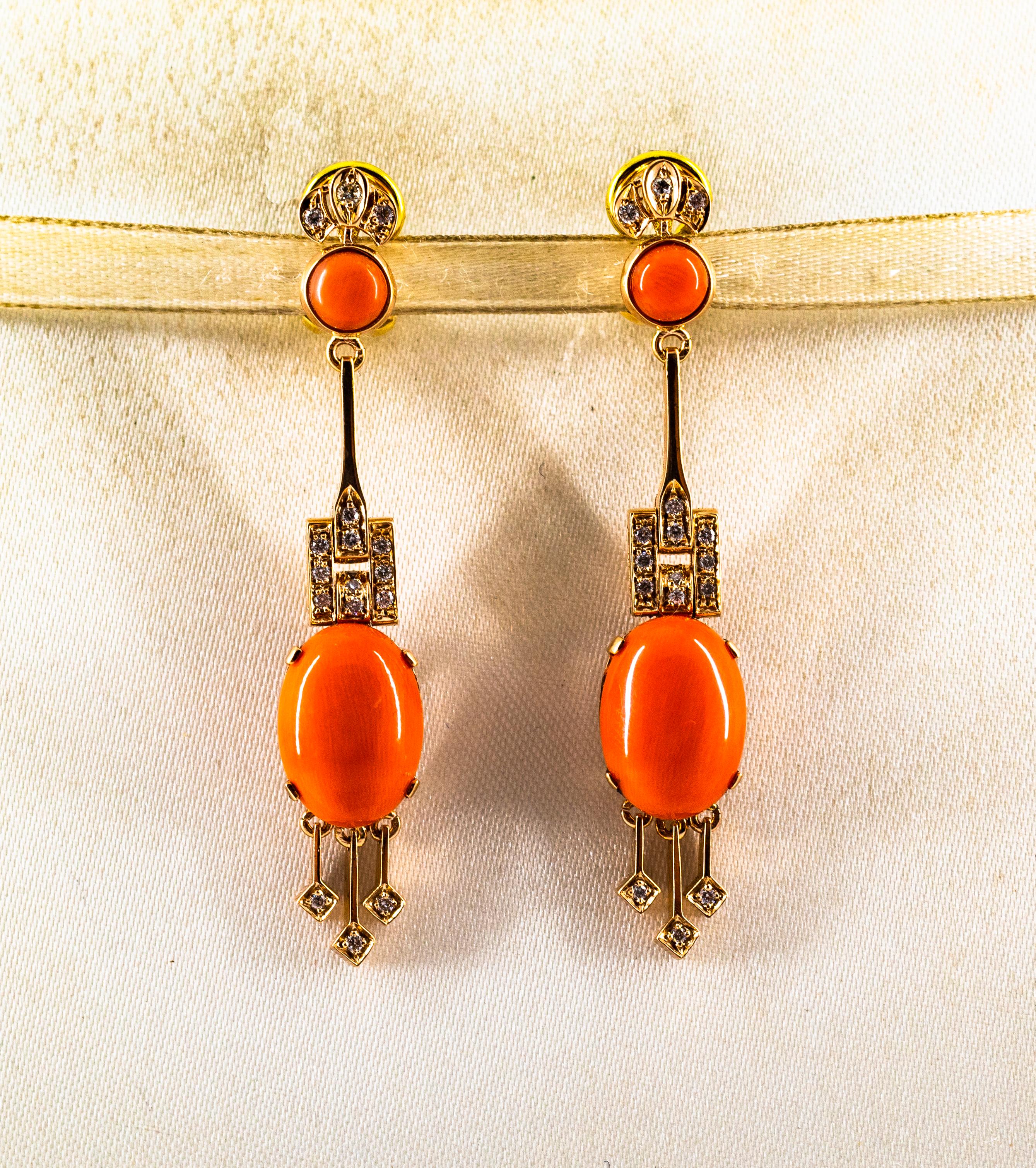 Art Deco Mediterranean Peach Coral 0.30 Carat White Diamond Yellow Gold Clip-On Earrings For Sale