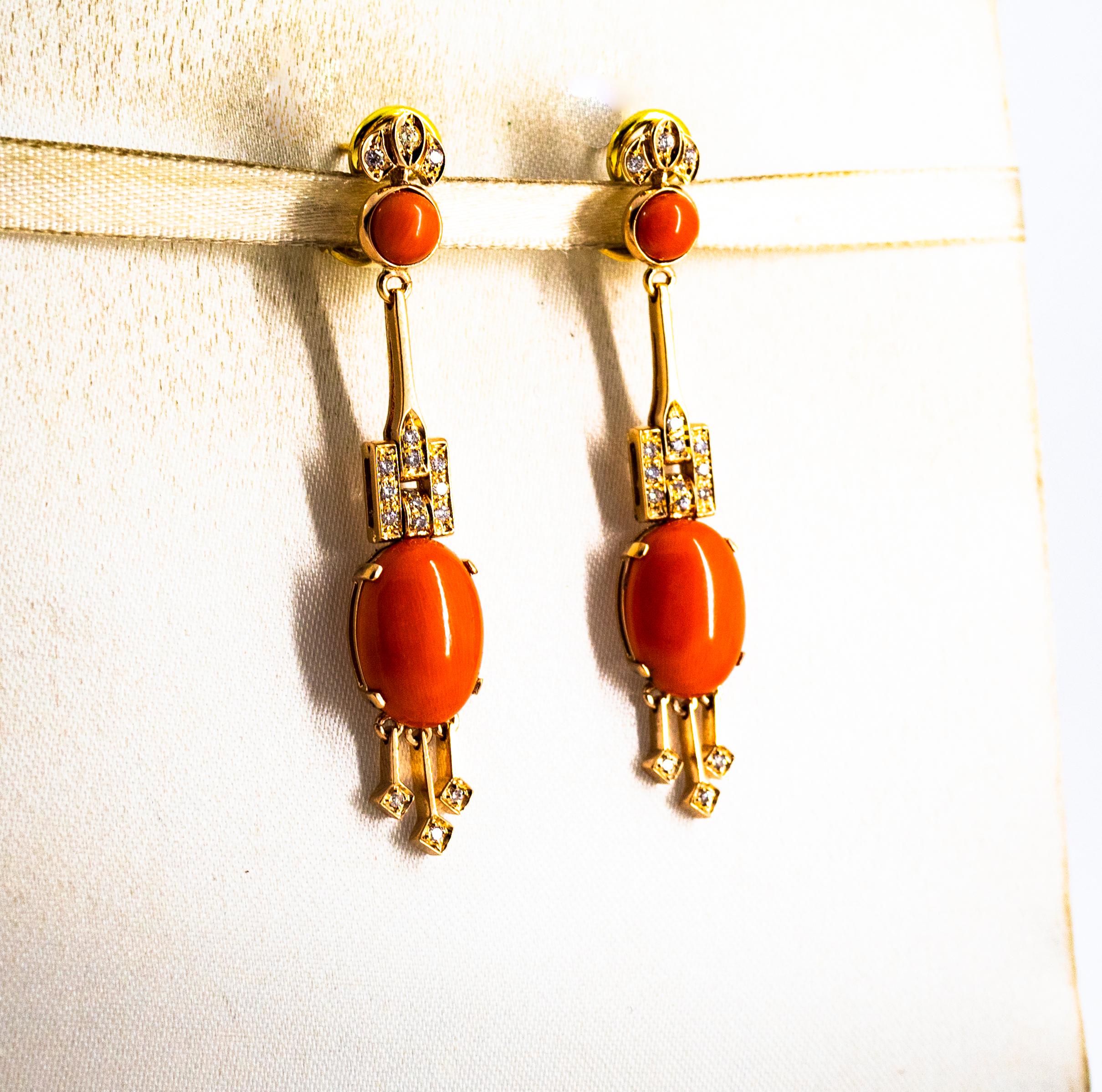 Mediterranean Peach Coral 0.30 Carat White Diamond Yellow Gold Clip-On Earrings In New Condition In Naples, IT