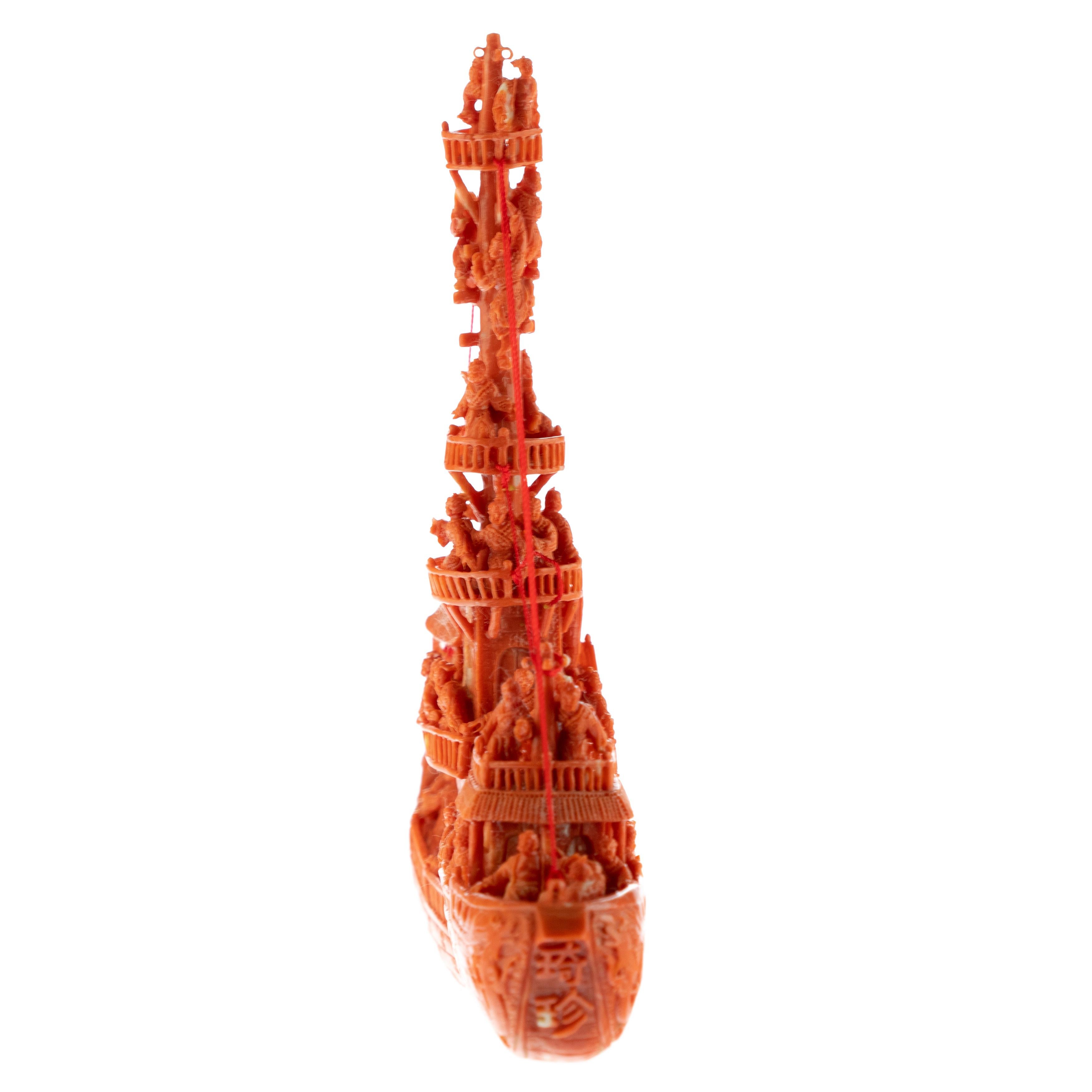 Mediterranean Precious Red Coral Natural Ship Carved Branch Statue Sculpture For Sale 3