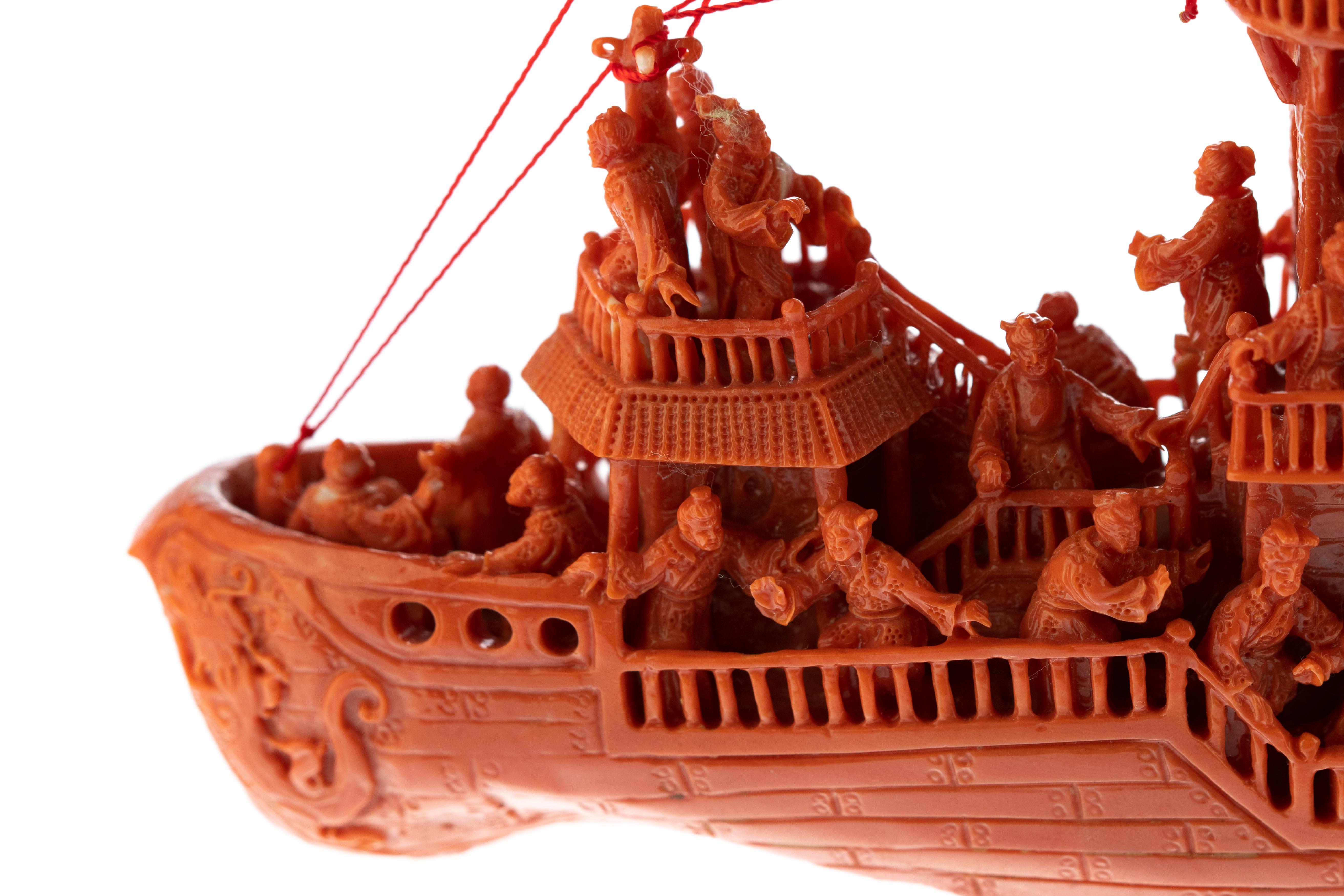 Mediterranean Precious Red Coral Natural Ship Carved Branch Statue Sculpture For Sale 4