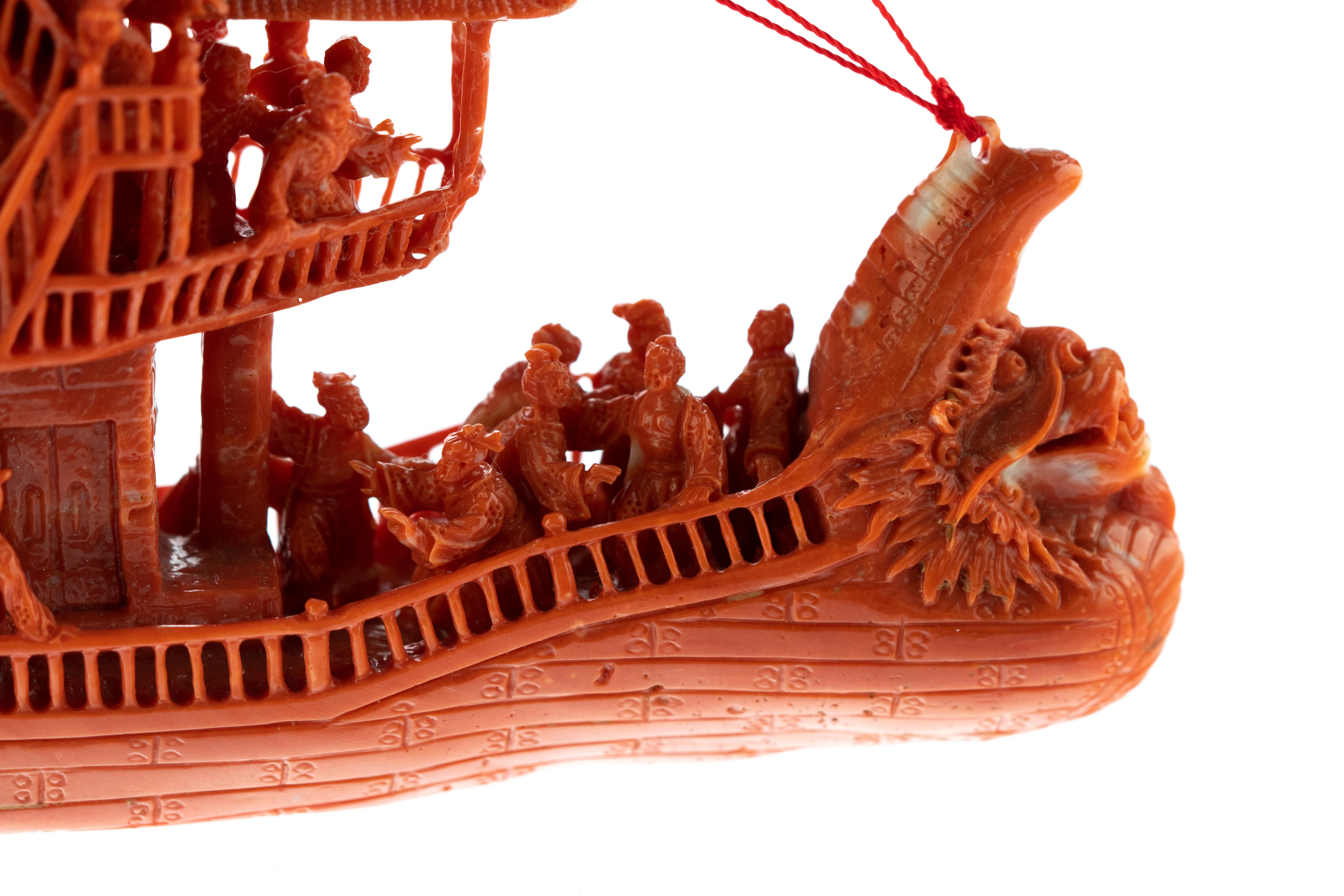 Mediterranean Precious Red Coral Natural Ship Carved Branch Statue Sculpture For Sale 5