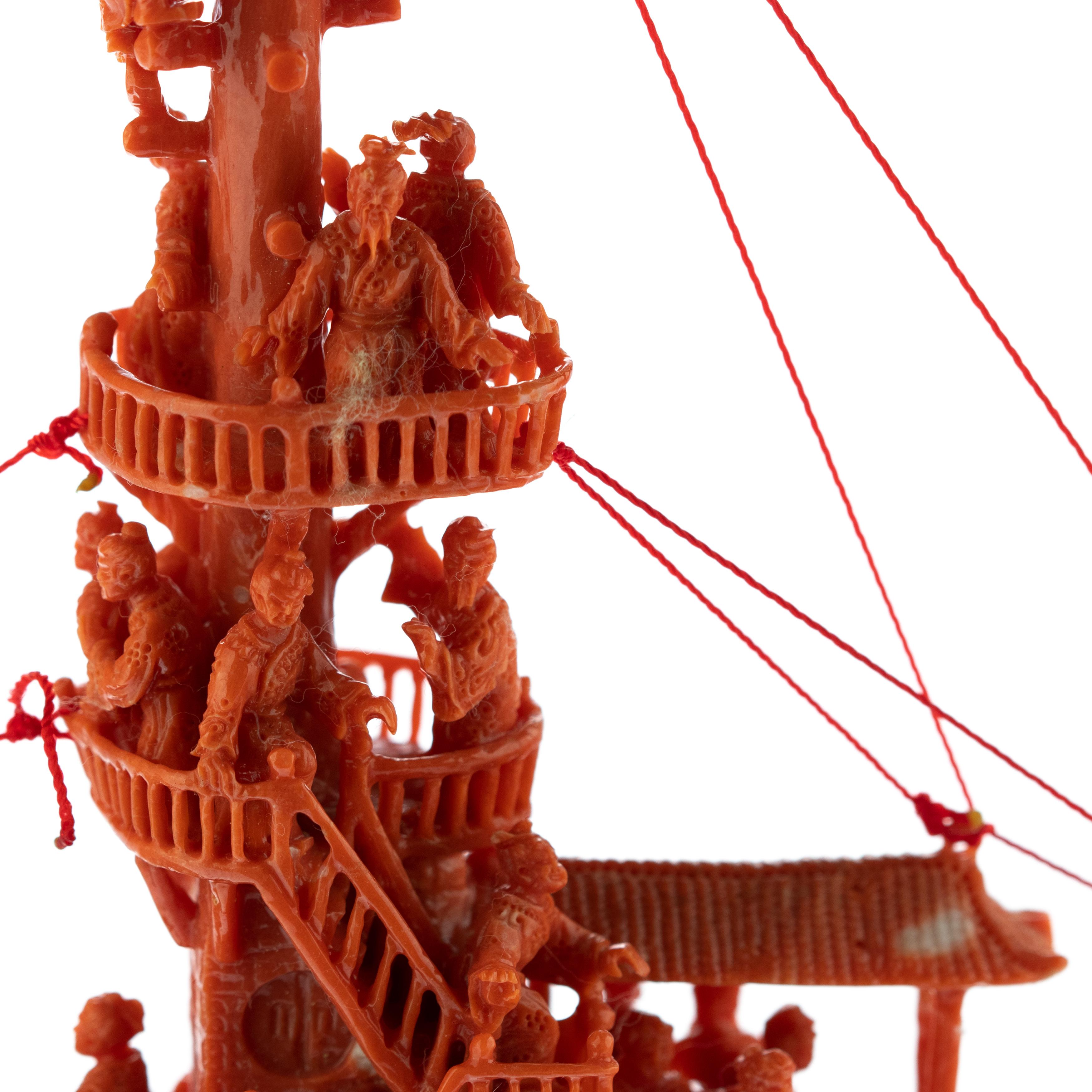 Mediterranean Precious Red Coral Natural Ship Carved Branch Statue Sculpture For Sale 7