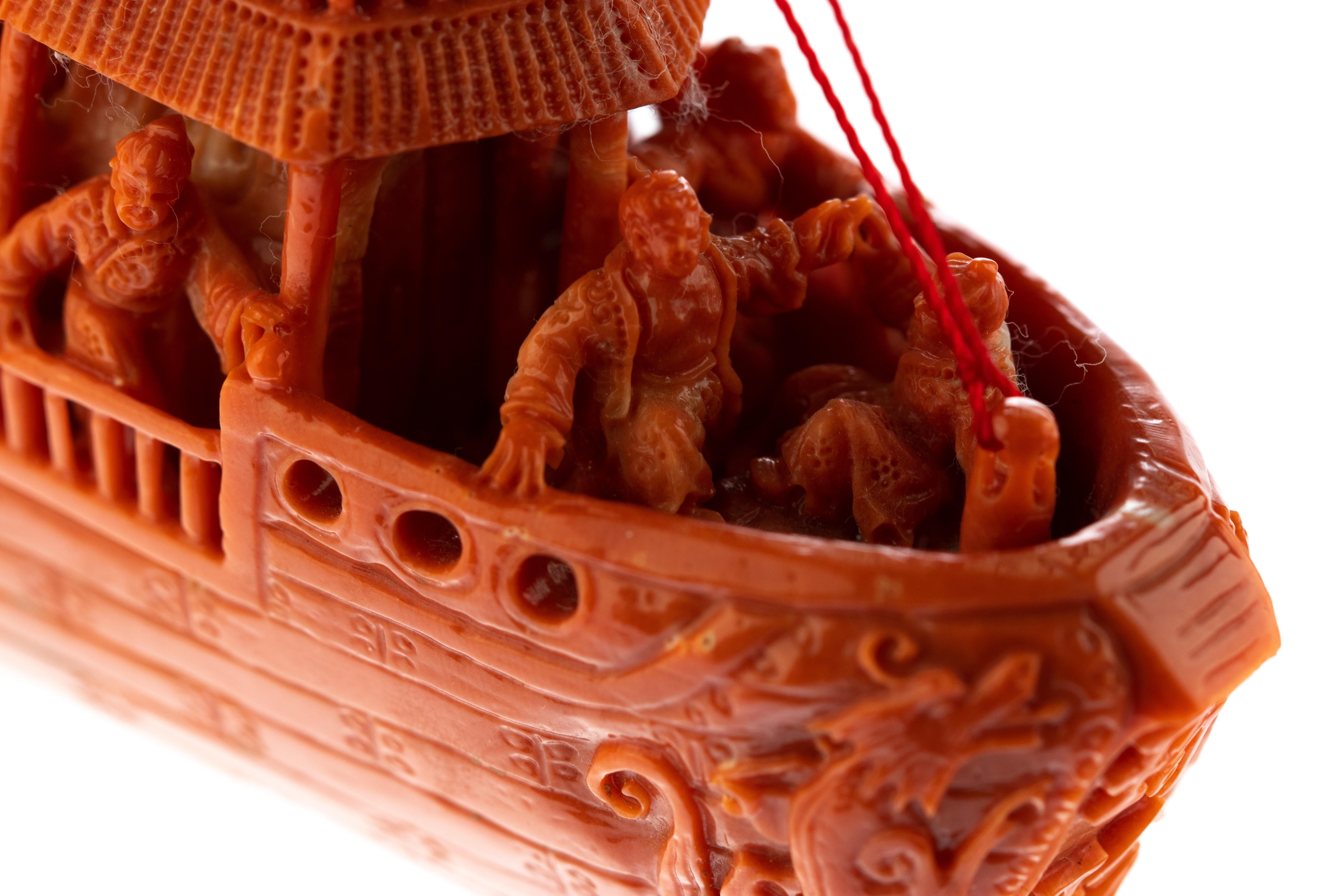 Mediterranean Precious Red Coral Natural Ship Carved Branch Statue Sculpture For Sale 12