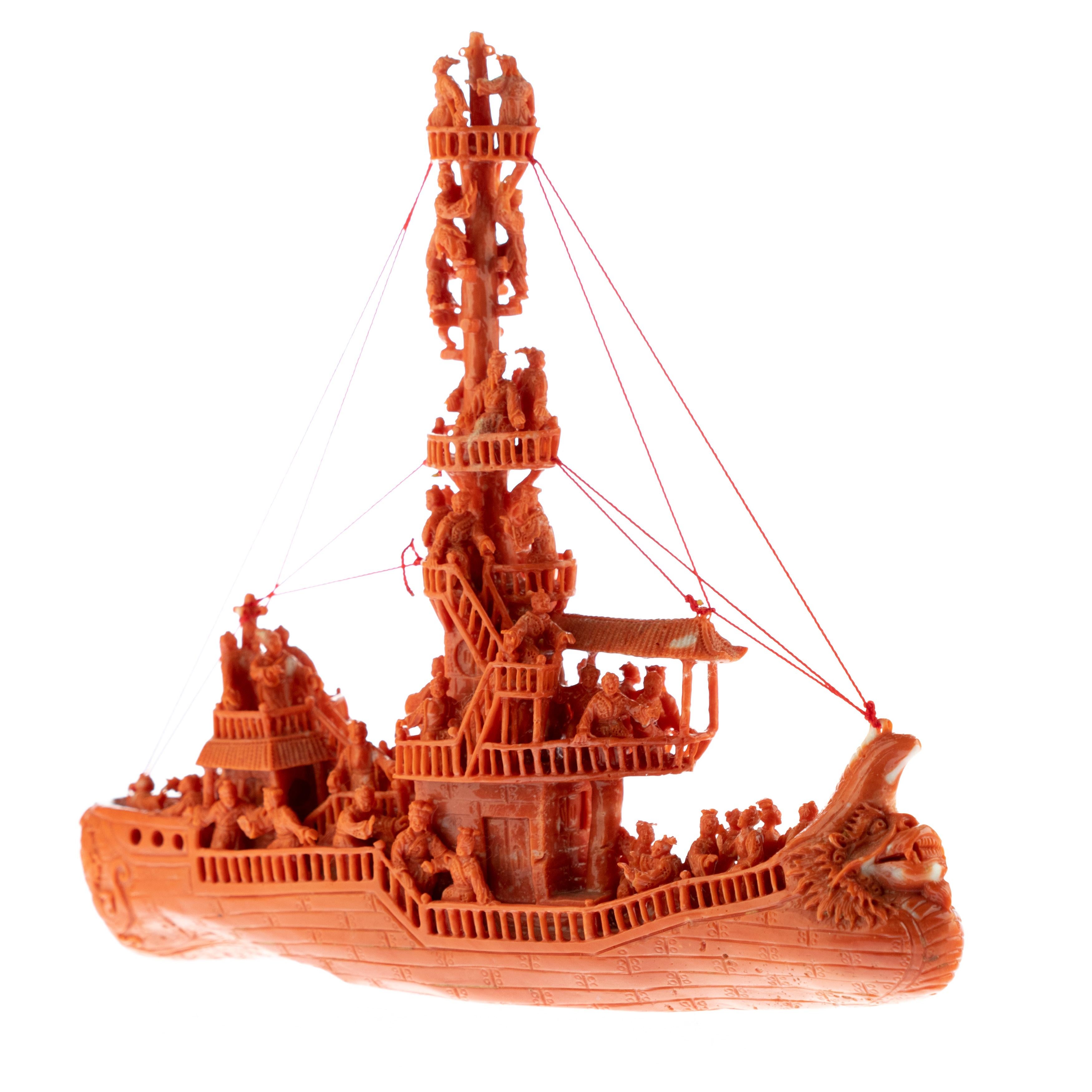 Arts and Crafts Mediterranean Precious Red Coral Natural Ship Carved Branch Statue Sculpture For Sale
