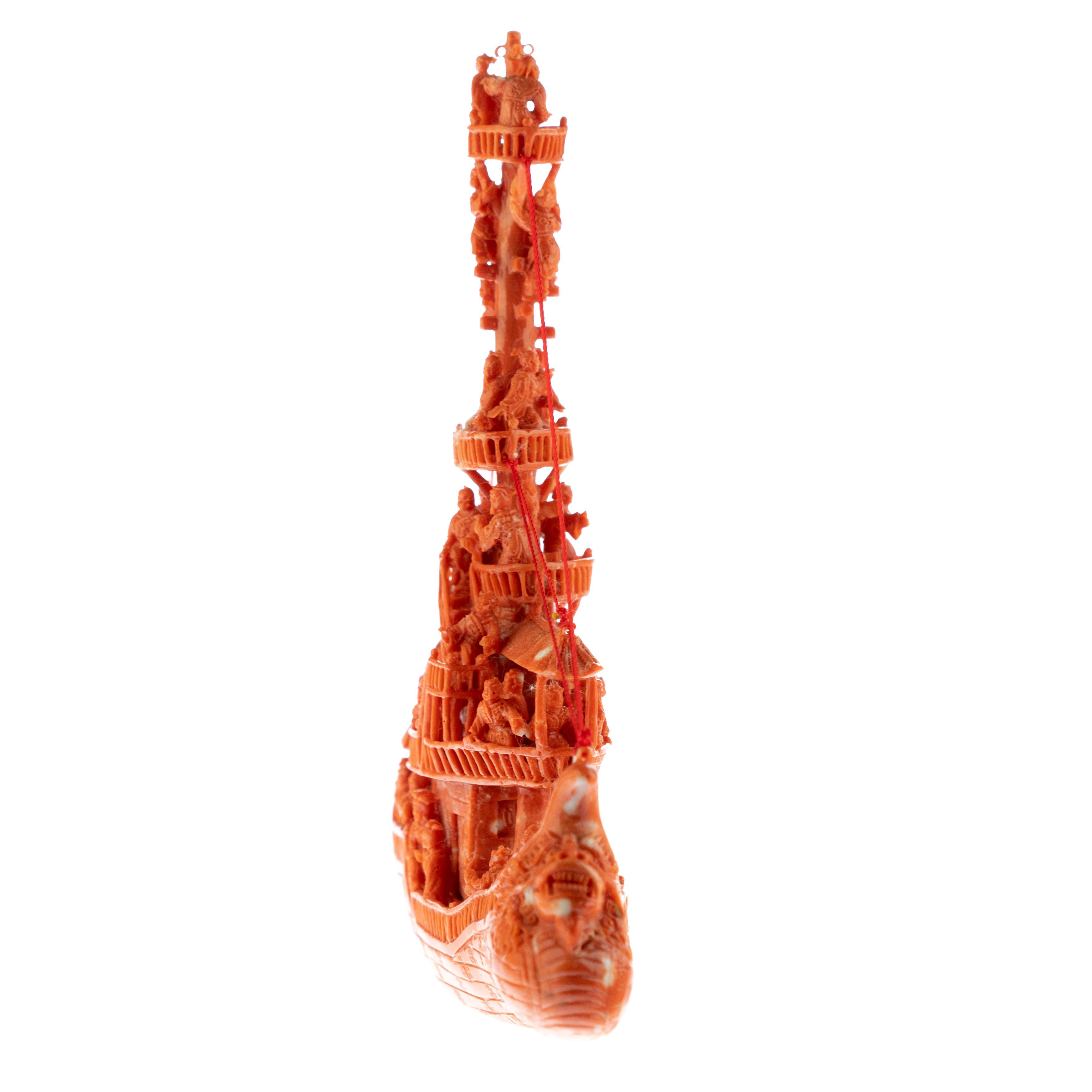 Chinese Mediterranean Precious Red Coral Natural Ship Carved Branch Statue Sculpture For Sale