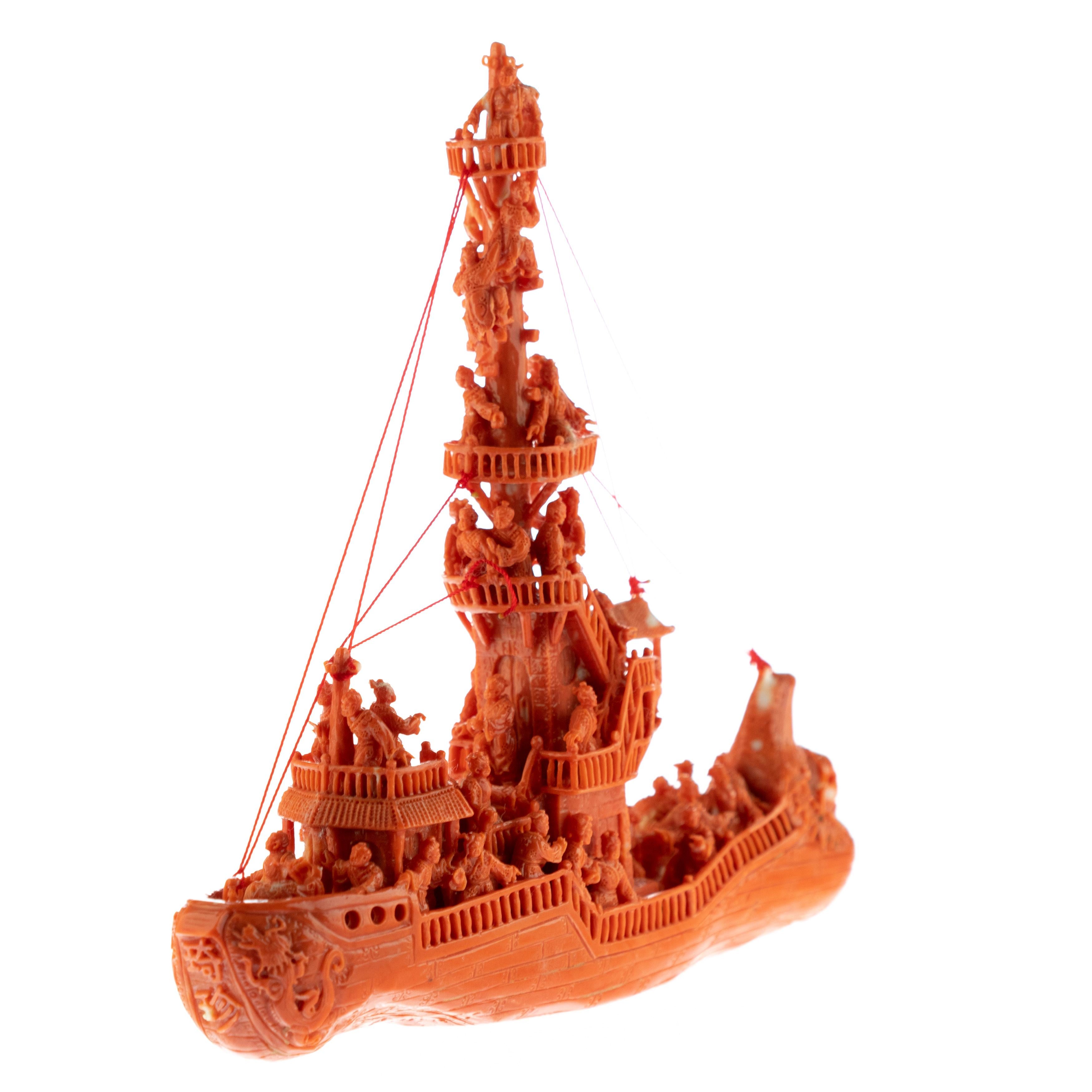 Mediterranean Precious Red Coral Natural Ship Carved Branch Statue Sculpture In Excellent Condition For Sale In Milano, IT