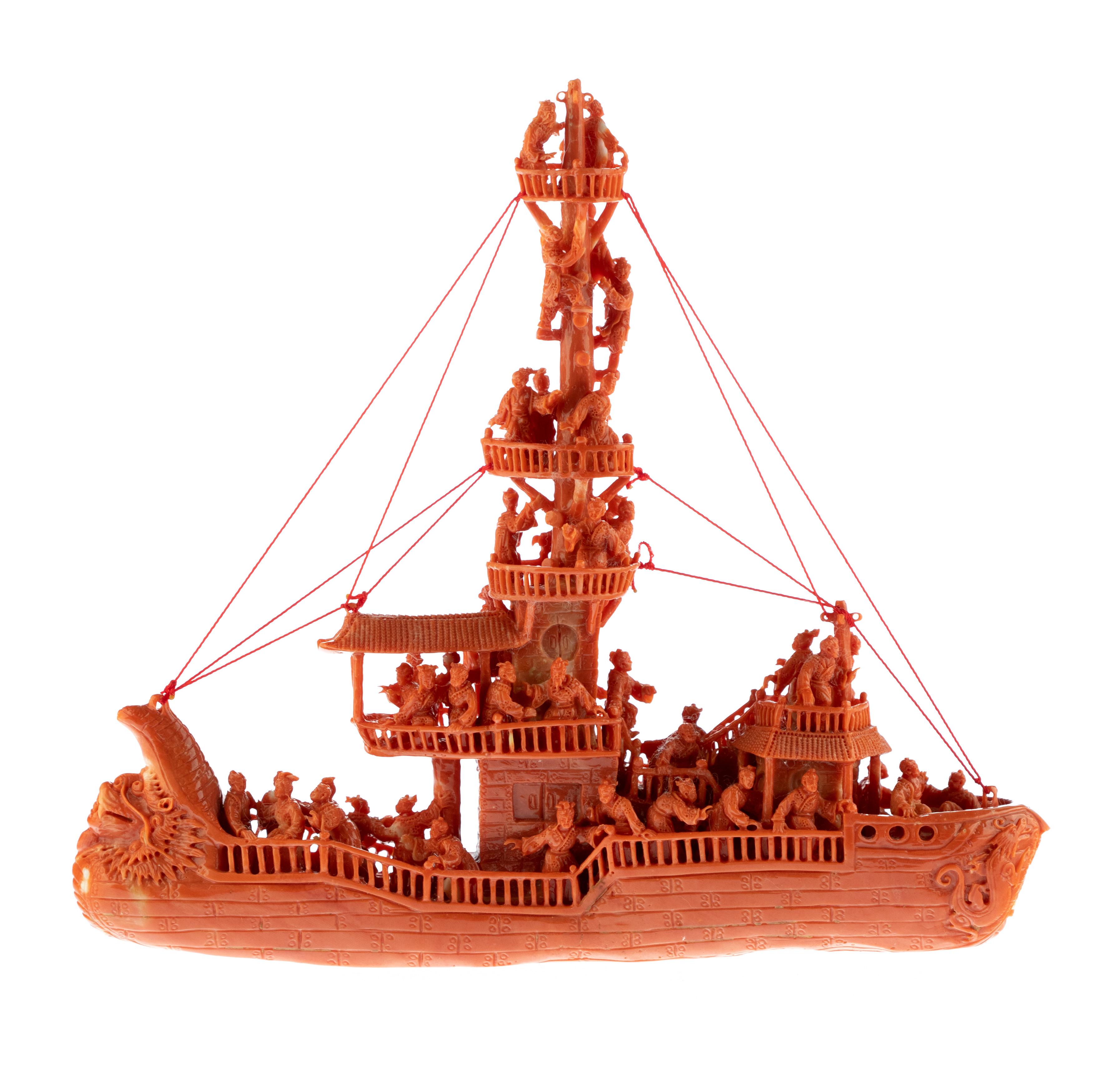Mediterranean Precious Red Coral Natural Ship Carved Branch Statue Sculpture For Sale 1