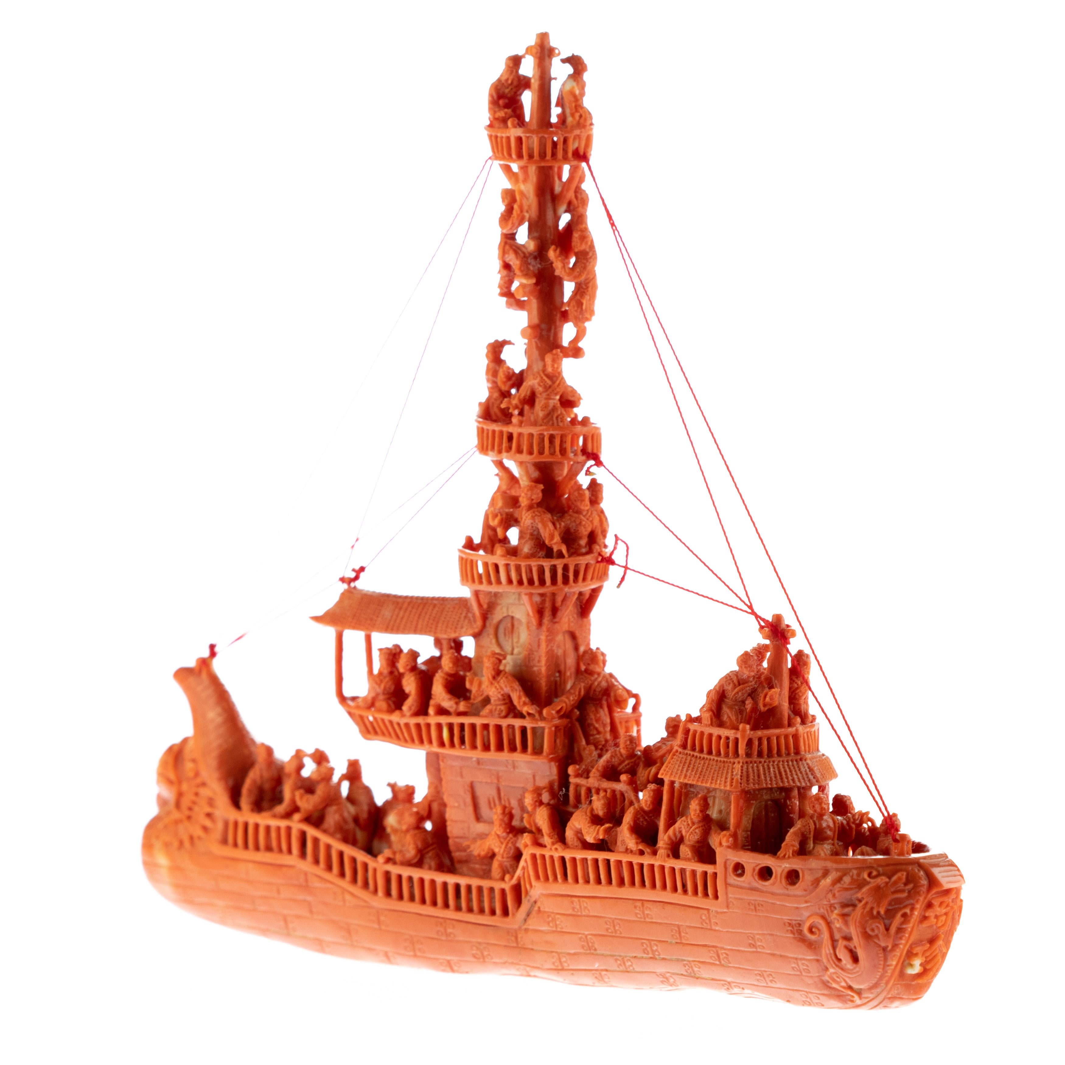 Mediterranean Precious Red Coral Natural Ship Carved Branch Statue Sculpture For Sale 2