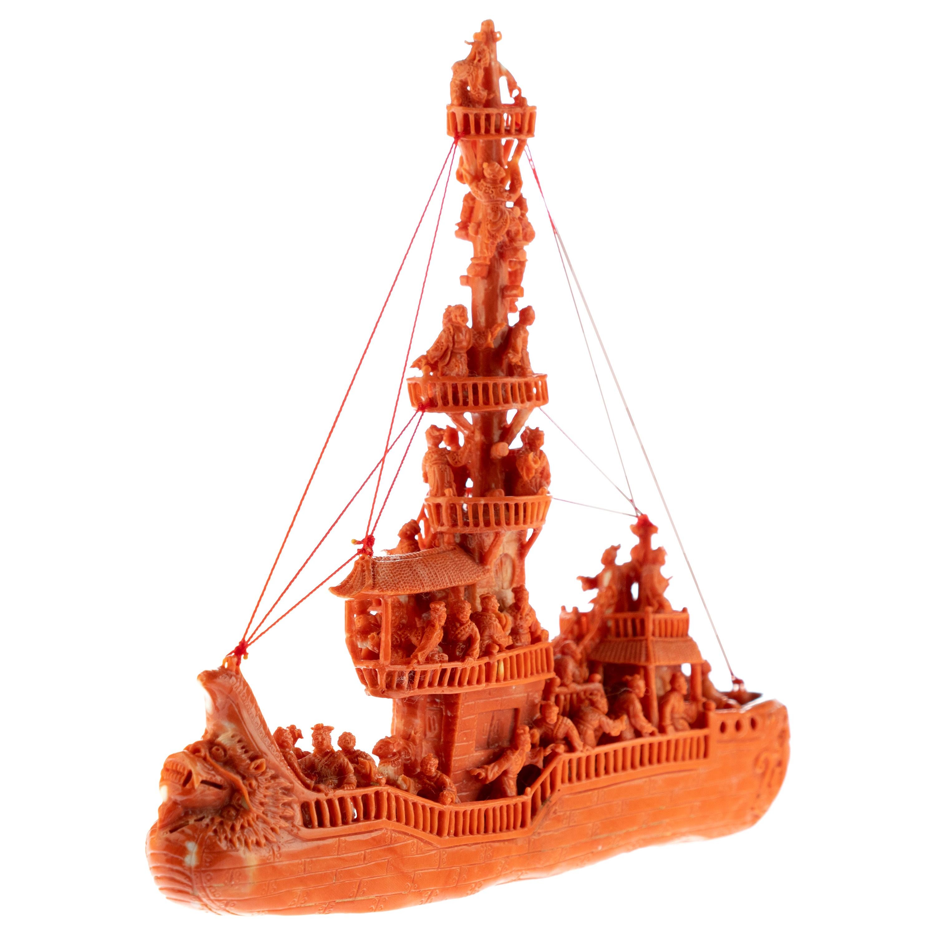 Mediterranean Precious Red Coral Natural Ship Carved Branch Statue Sculpture For Sale