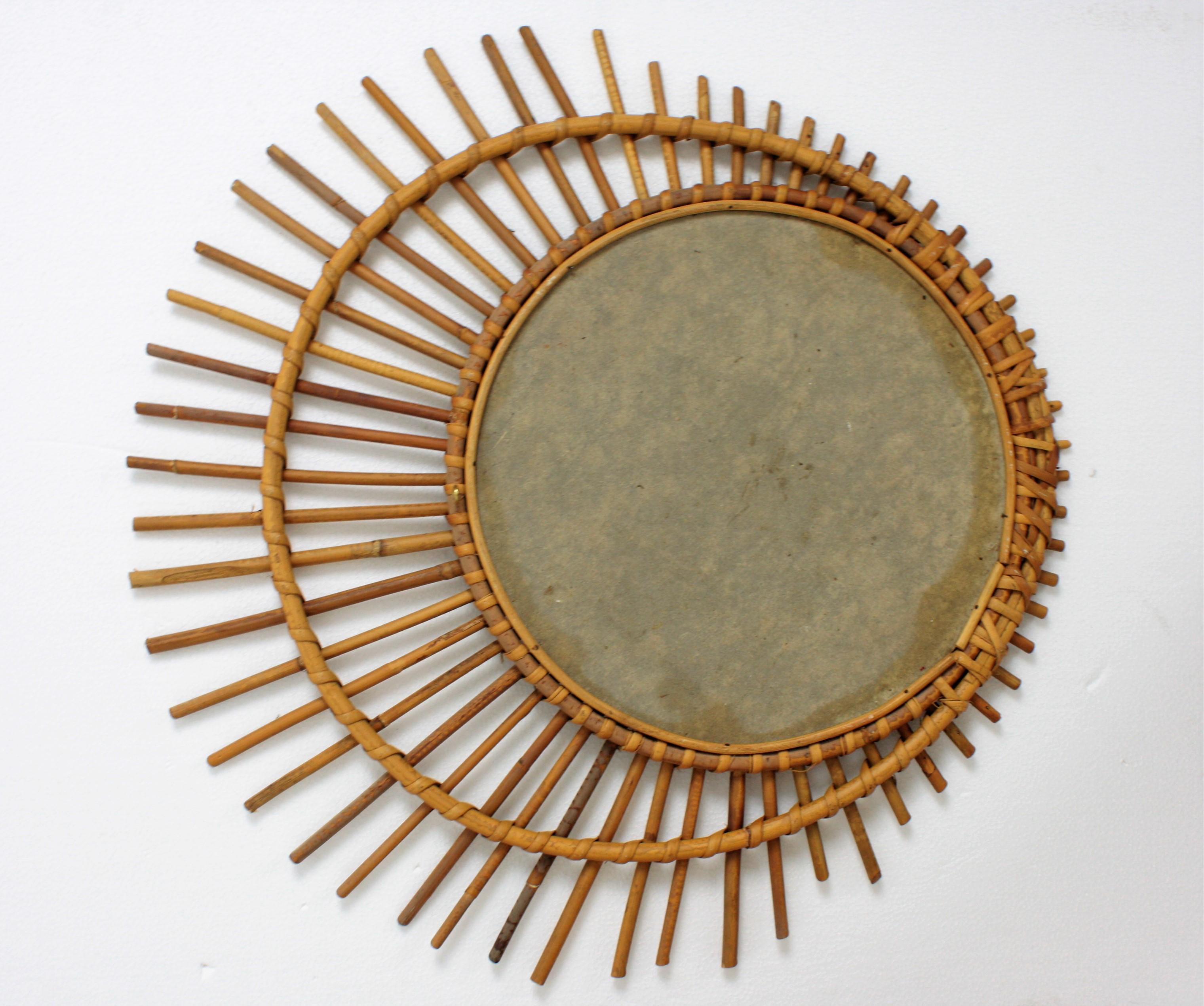 Mediterranean Rattan Wicker Asymmetric Ovoid Sunburst Mirror, France, 1960s 2