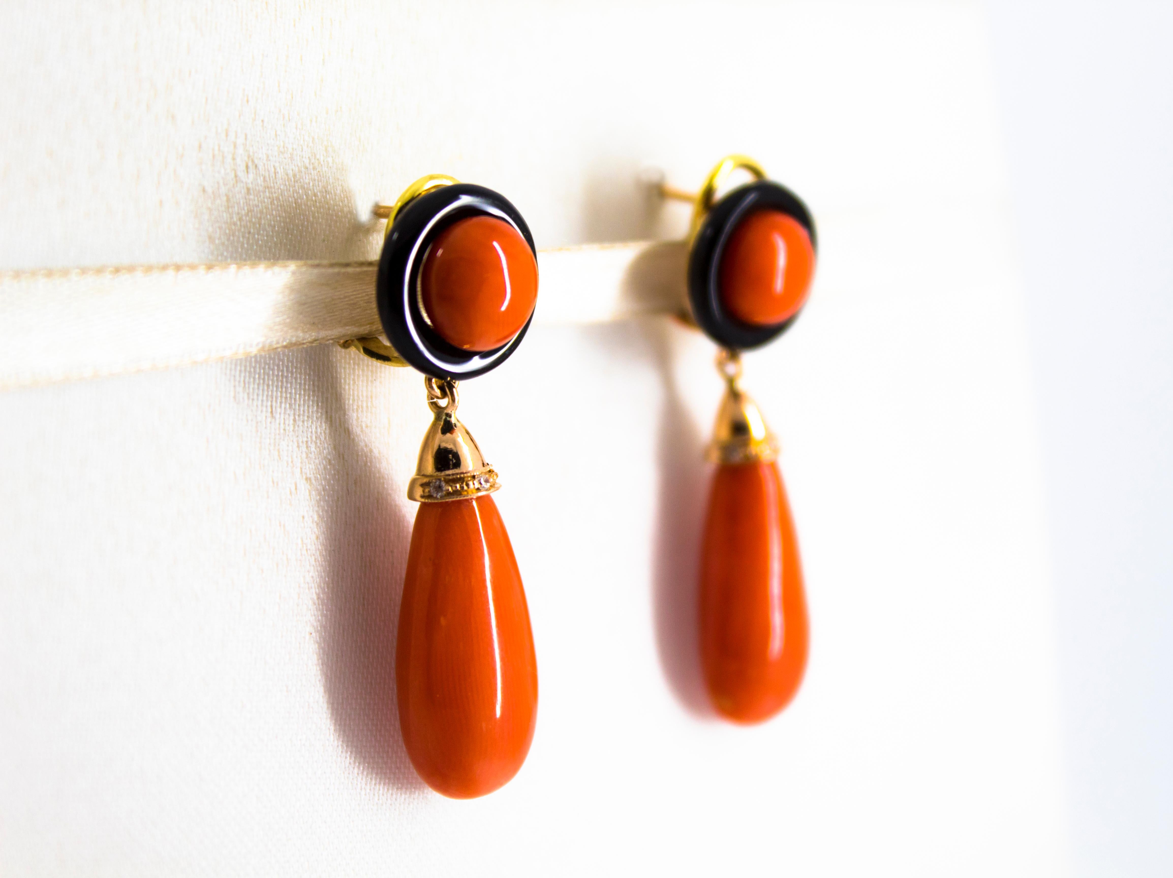 Renaissance Mediterranean Red Coral 0.05 Carat White Diamond Onyx Yellow Gold Drop Earrings