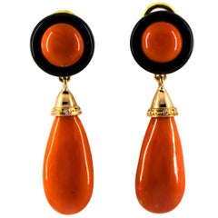 Mediterranean Red Coral 0.05 Carat White Diamond Onyx Yellow Gold Drop Earrings