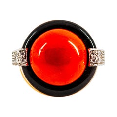 Mediterranean Red Coral 0.10 Carat White Diamond Onyx Yellow Gold Cocktail Ring