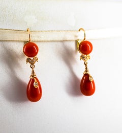 Mediterranean Red Coral 0.14 Carat White Diamond Yellow Gold Snake Drop Earrings