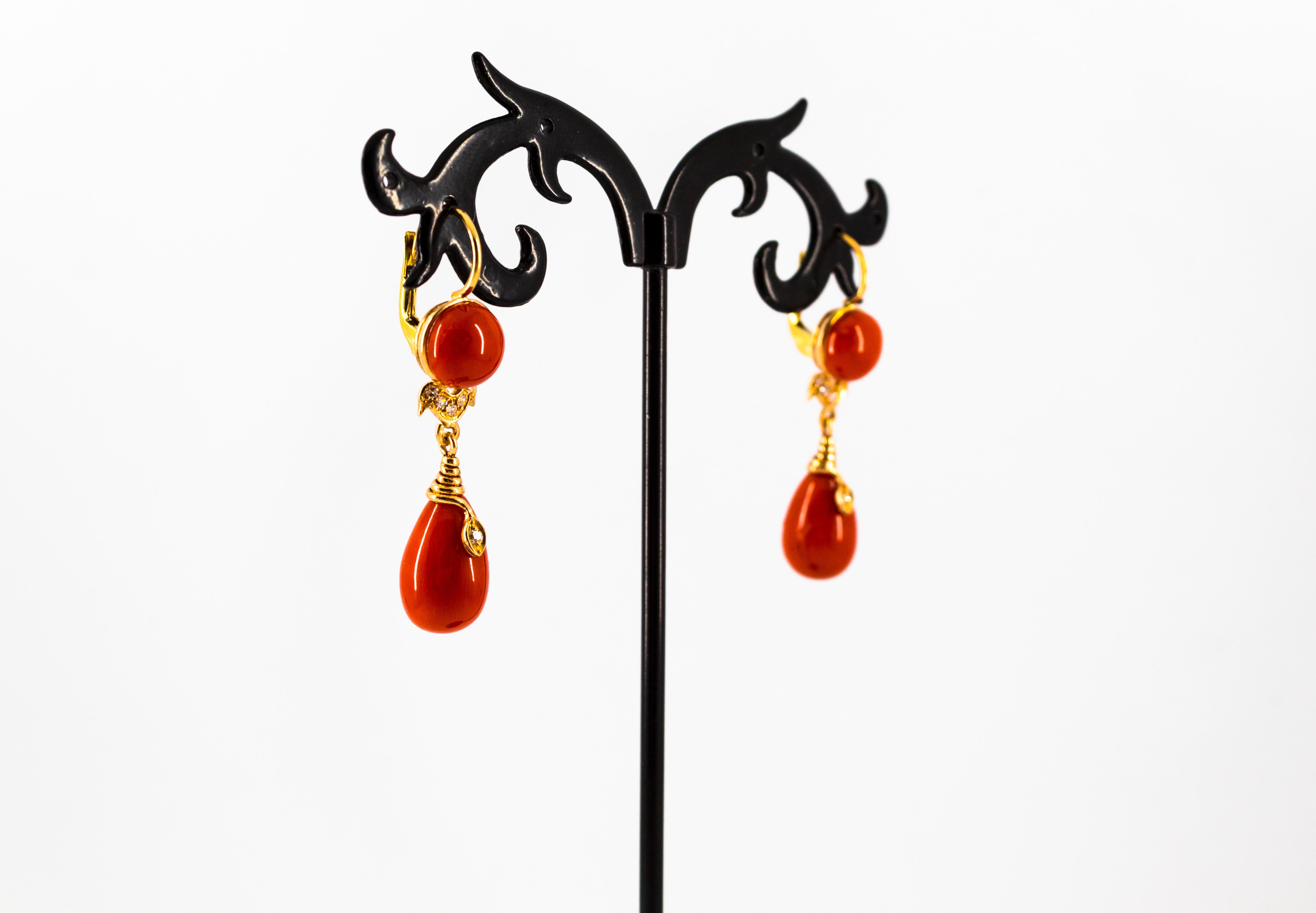 Renaissance Mediterranean Red Coral 0.14 Carat White Diamond Yellow Gold Snake Drop Earrings