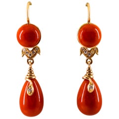 Mediterranean Red Coral 0.14 Carat White Diamond Yellow Gold Snake Drop Earrings
