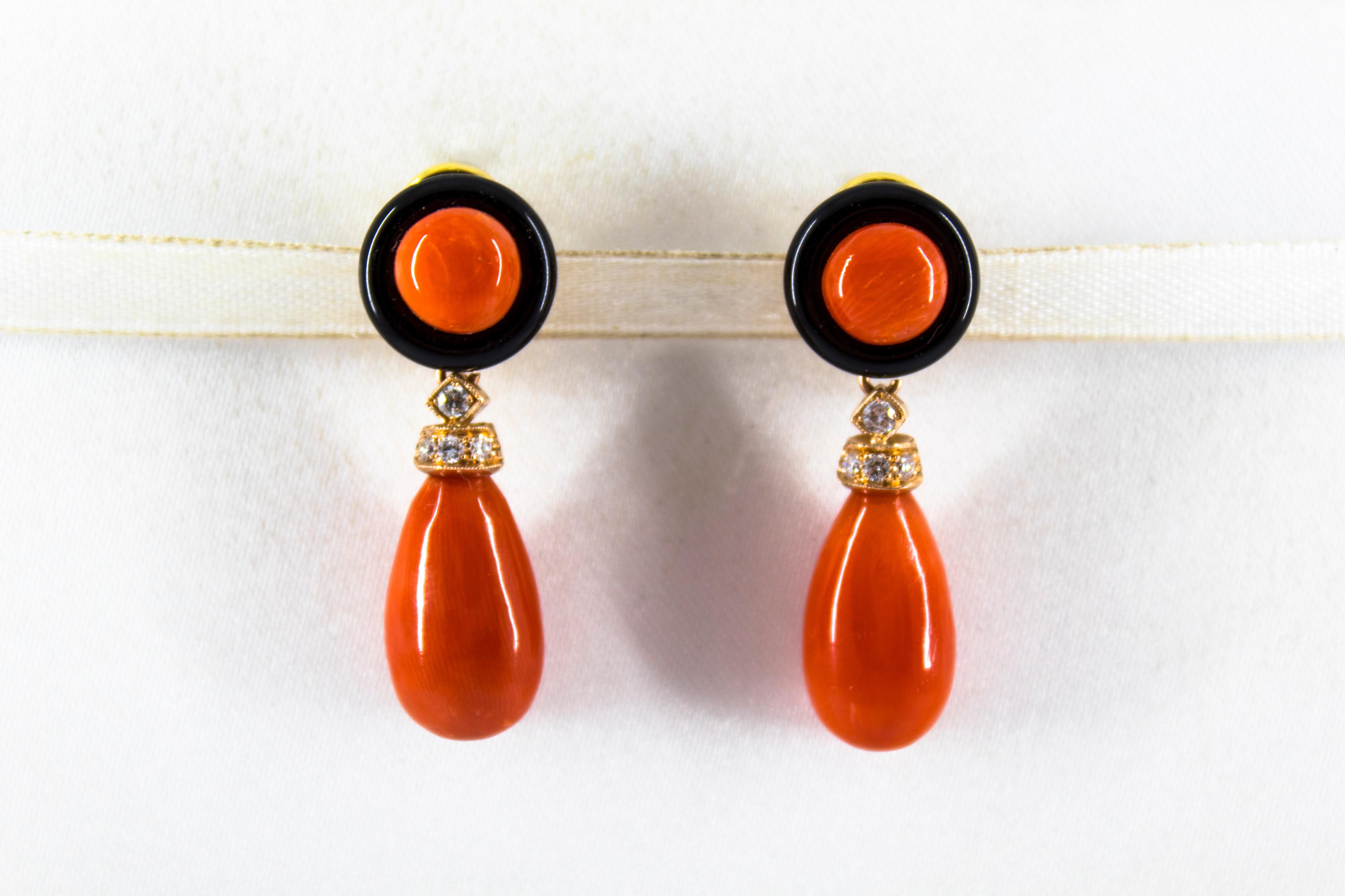 Art Deco Mediterranean Red Coral 0.18 Carat White Diamond Onyx Yellow Gold Drop Earrings