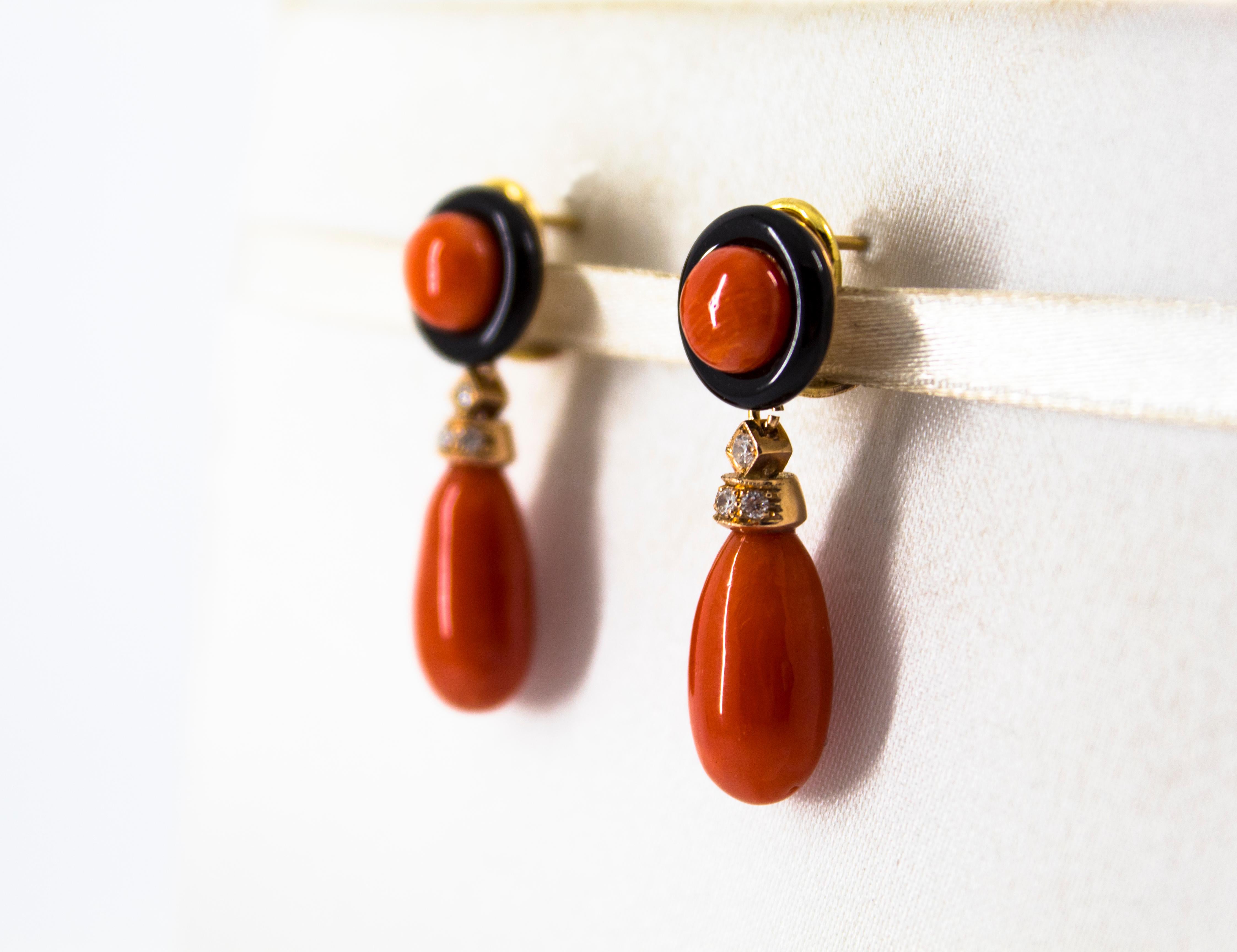 Women's or Men's Mediterranean Red Coral 0.18 Carat White Diamond Onyx Yellow Gold Drop Earrings