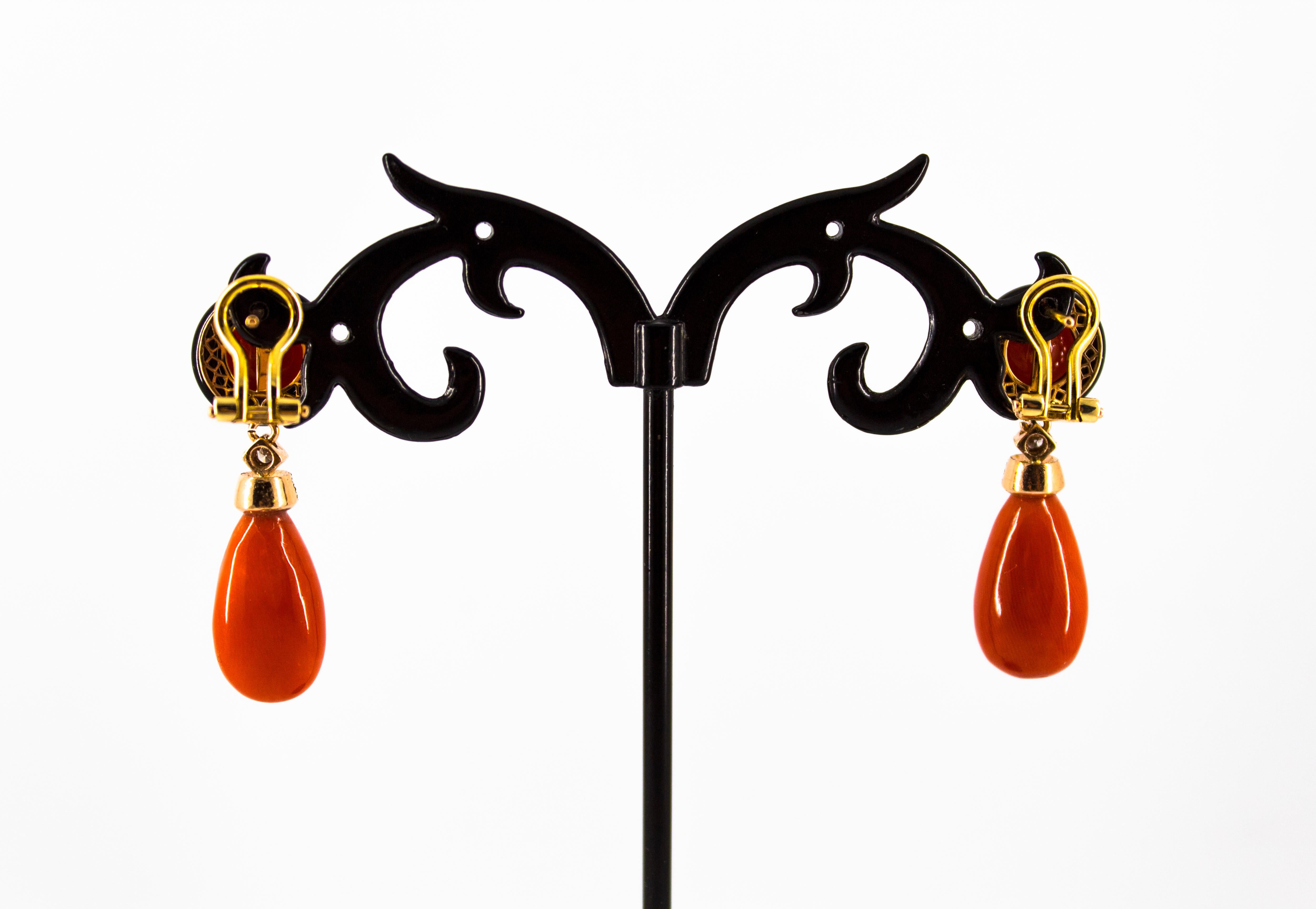 Mediterranean Red Coral 0.18 Carat White Diamond Onyx Yellow Gold Drop Earrings 4