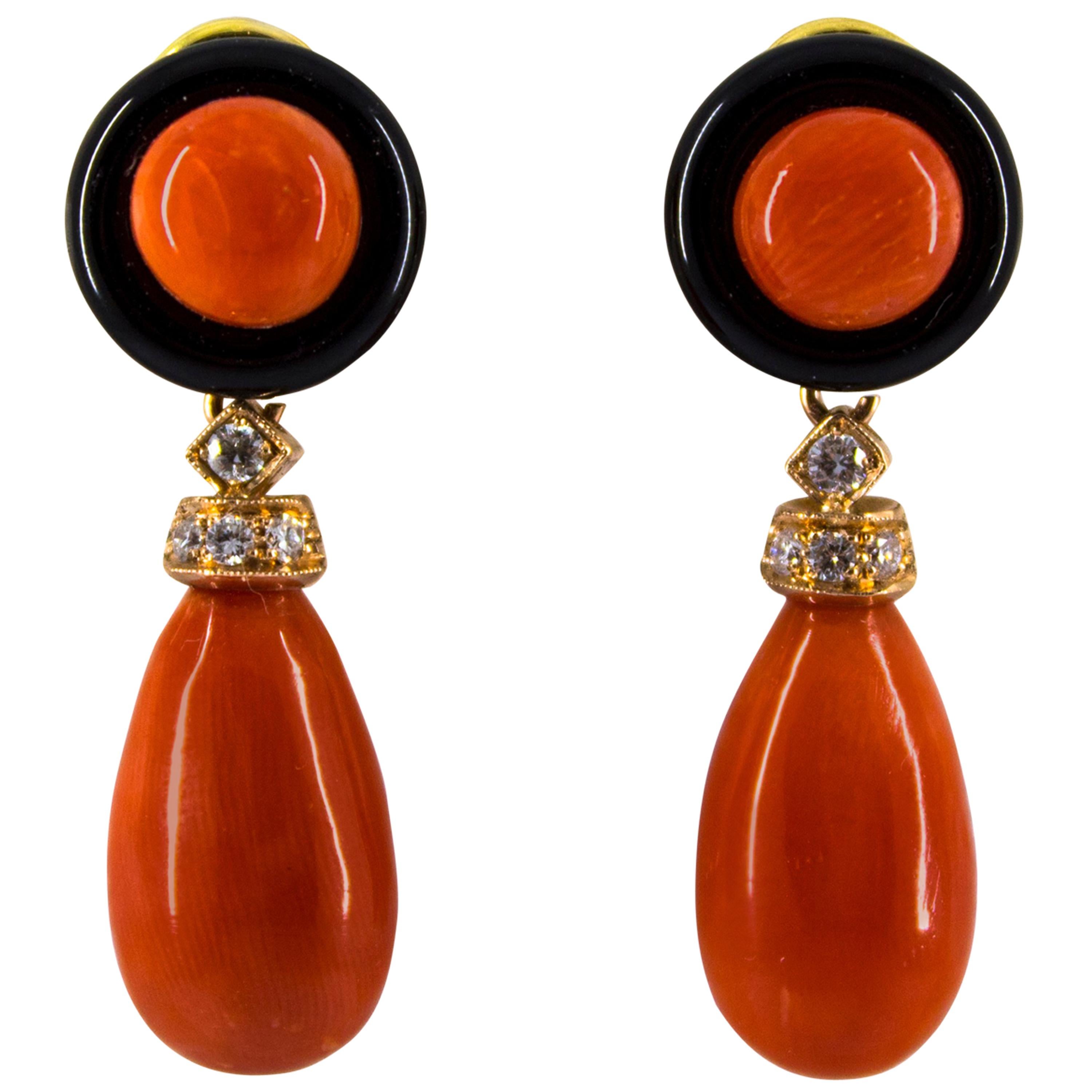 Mediterranean Red Coral 0.18 Carat White Diamond Onyx Yellow Gold Drop Earrings