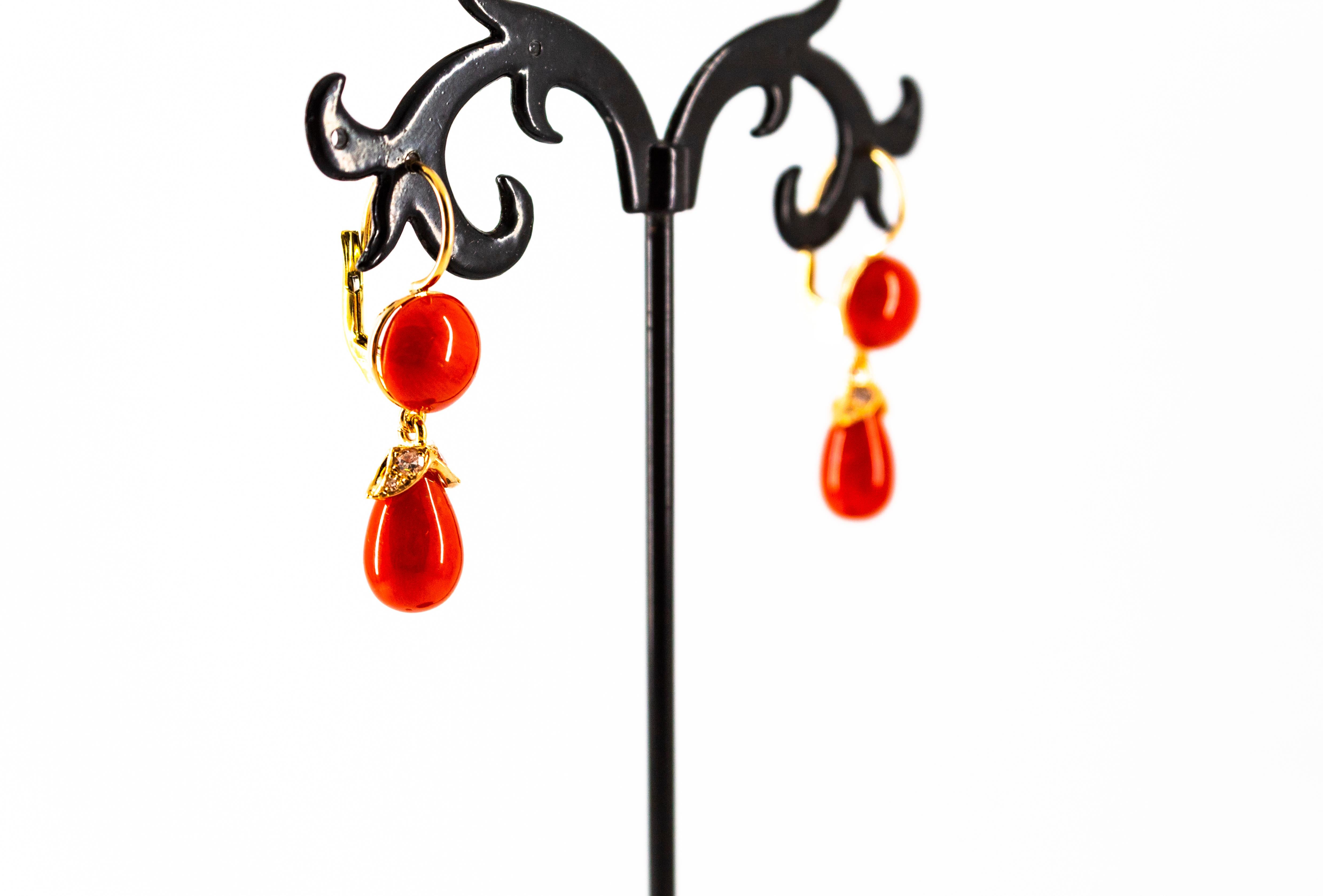 Mediterranean Red Coral 0.20 Carat White Diamond Yellow Gold Lever-Back Earrings 3