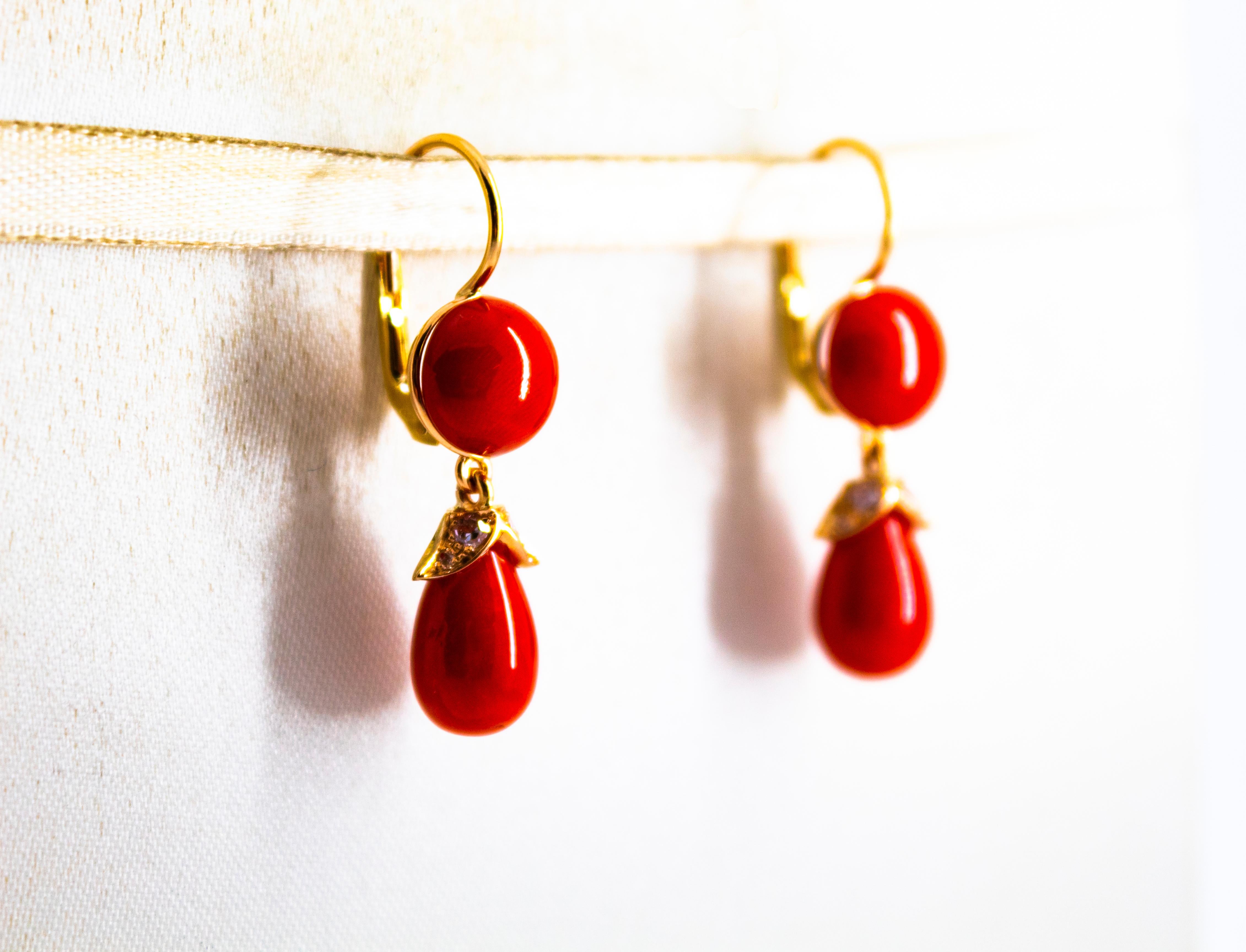 Brilliant Cut Mediterranean Red Coral 0.20 Carat White Diamond Yellow Gold Lever-Back Earrings For Sale