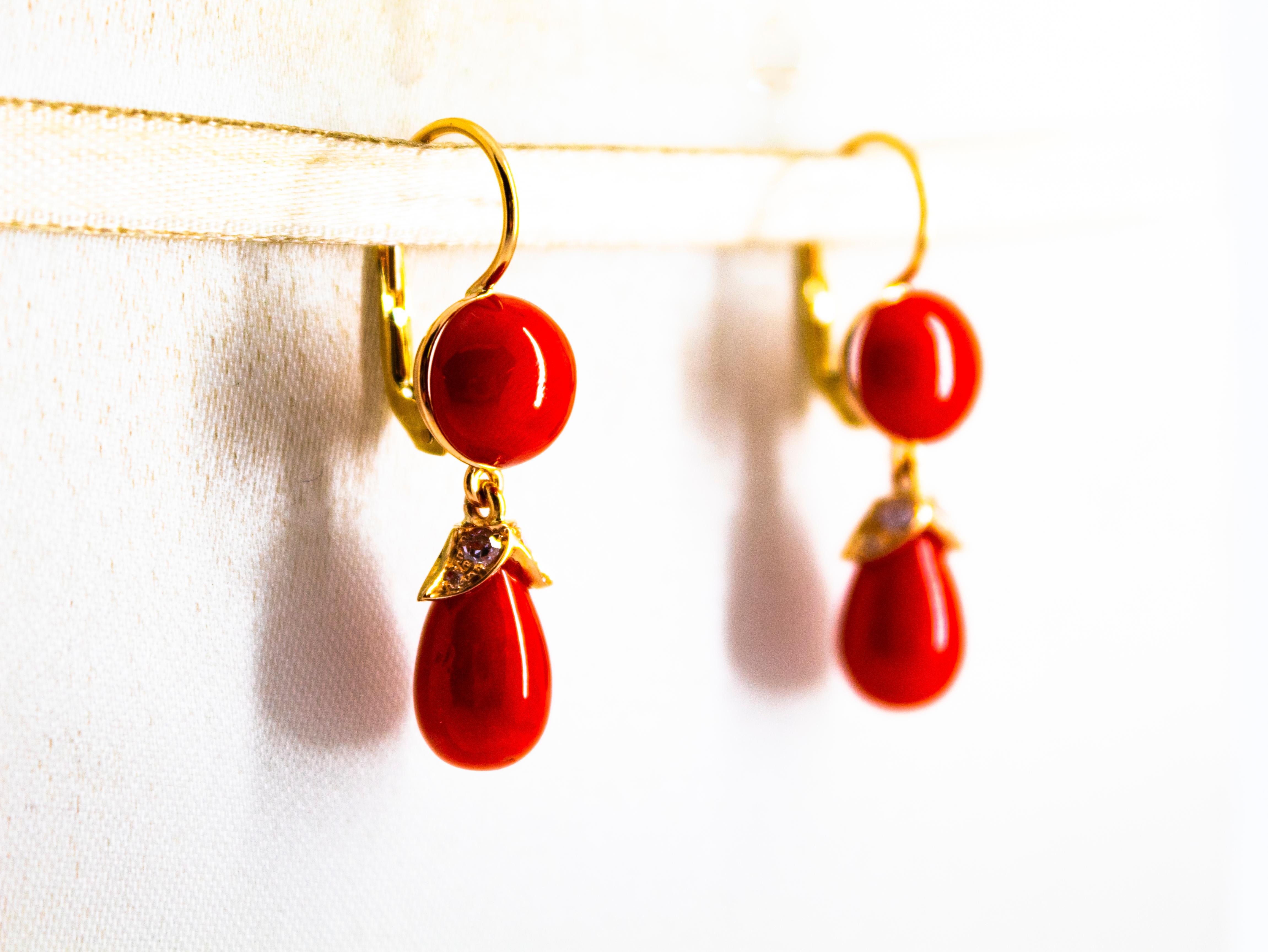 Mediterranean Red Coral 0.20 Carat White Diamond Yellow Gold Lever-Back Earrings In New Condition In Naples, IT