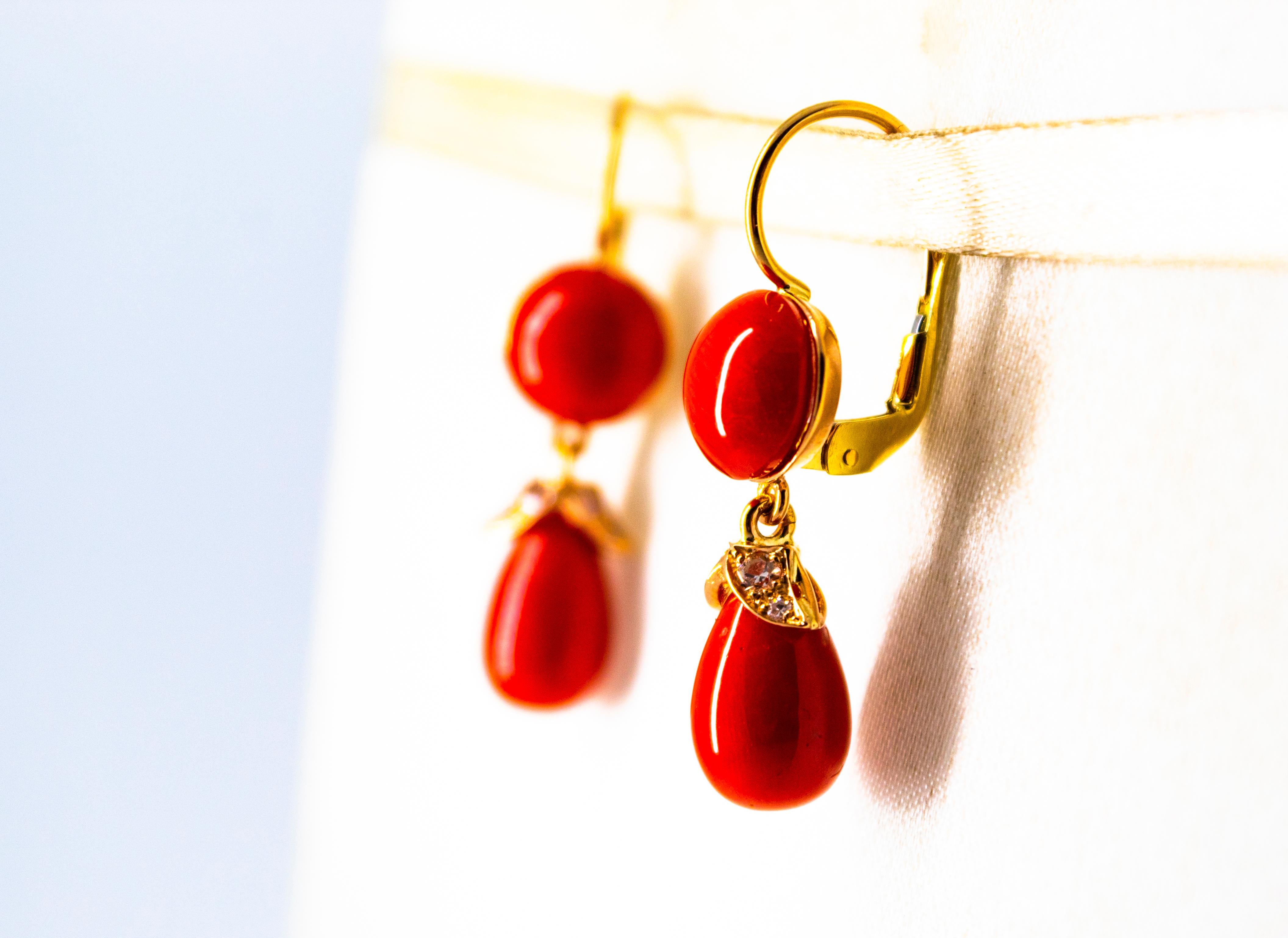 Women's or Men's Mediterranean Red Coral 0.20 Carat White Diamond Yellow Gold Lever-Back Earrings For Sale
