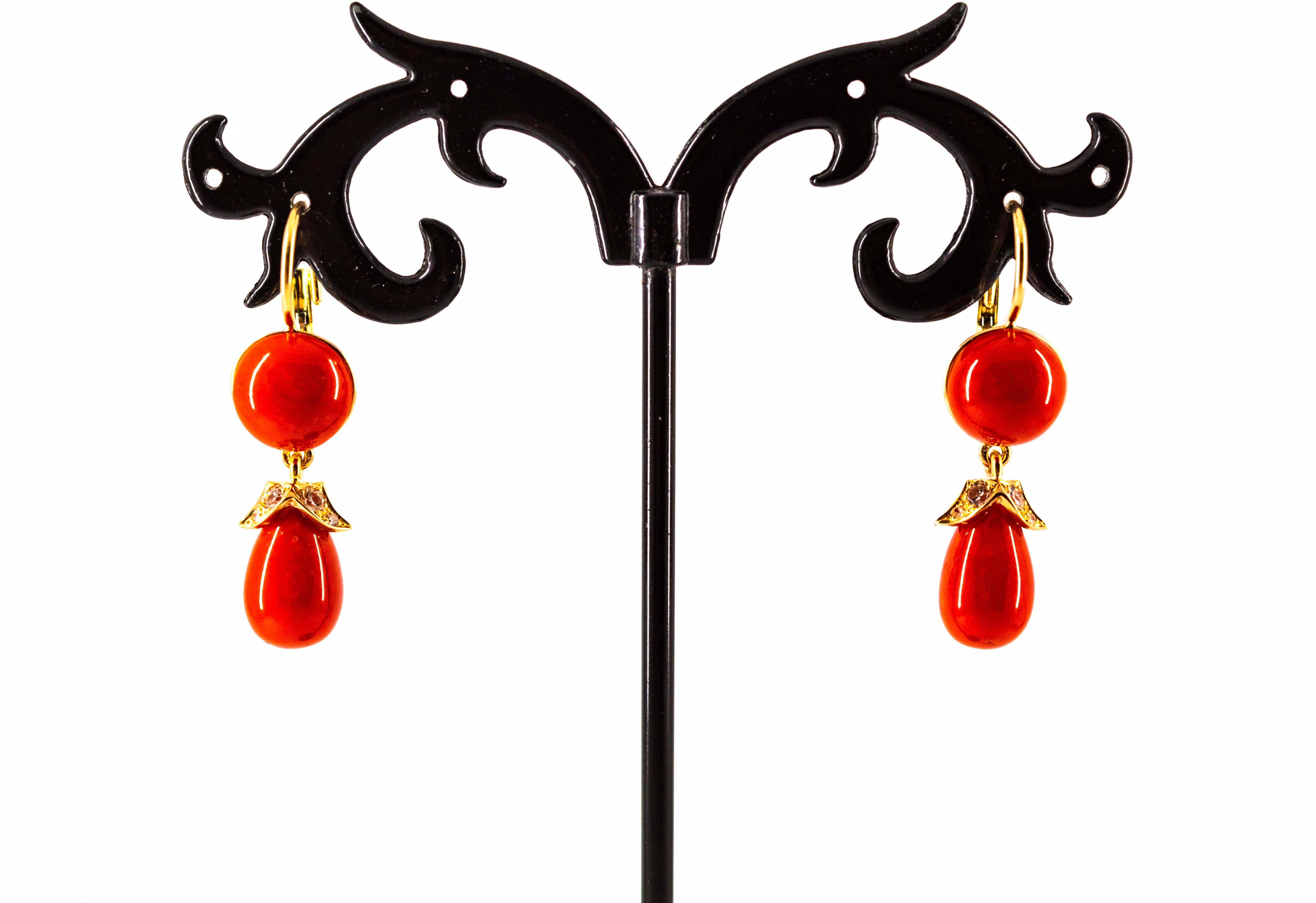 Mediterranean Red Coral 0.20 Carat White Diamond Yellow Gold Lever-Back Earrings For Sale 1